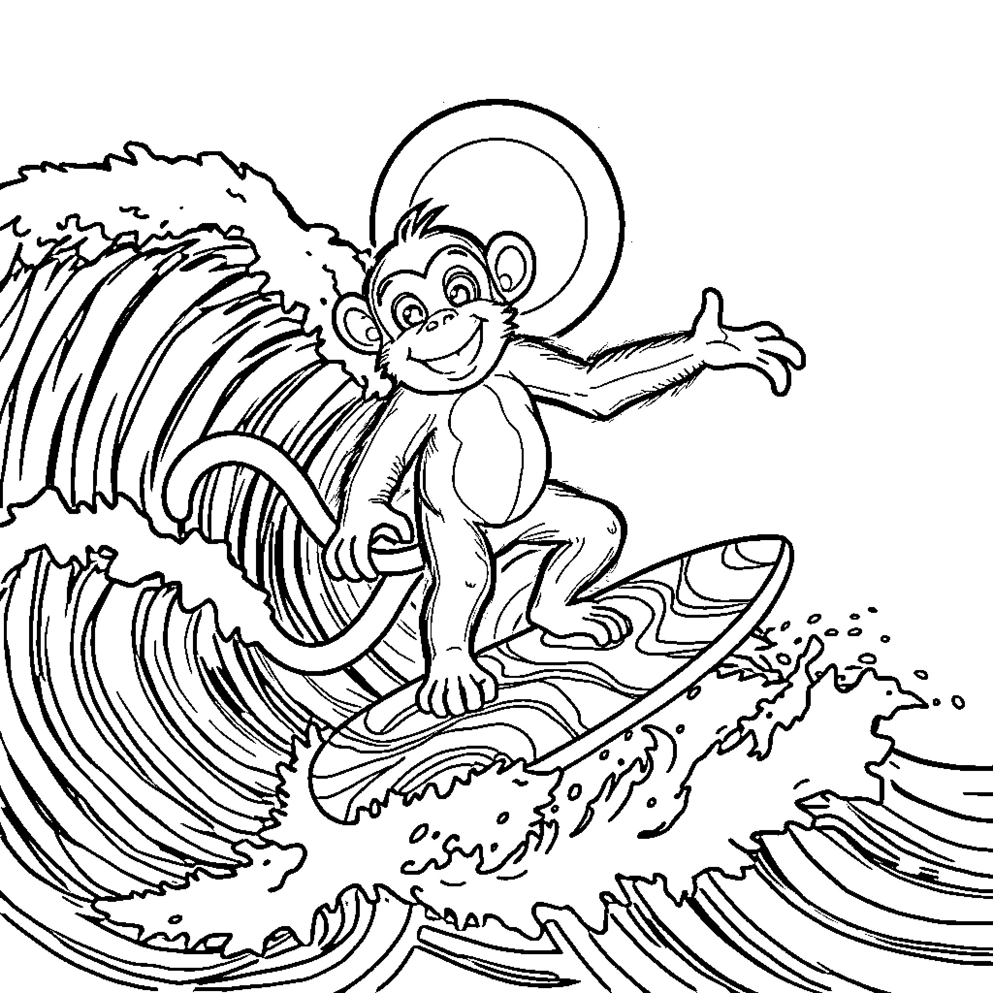Monkey surfing on giant waves Coloring Page (free black-and-white line drawing printable PDF for all, from beginners to advanced learners, including children, teens, adults, and seniors)