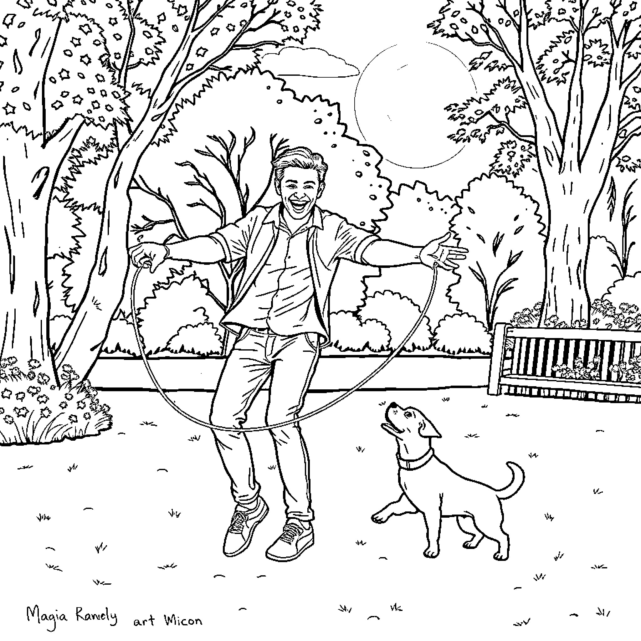 Man enjoying the outdoors with his dog Coloring Page (free black-and-white line drawing printable PDF for all, from beginners to advanced learners, including children, teens, adults, and seniors)