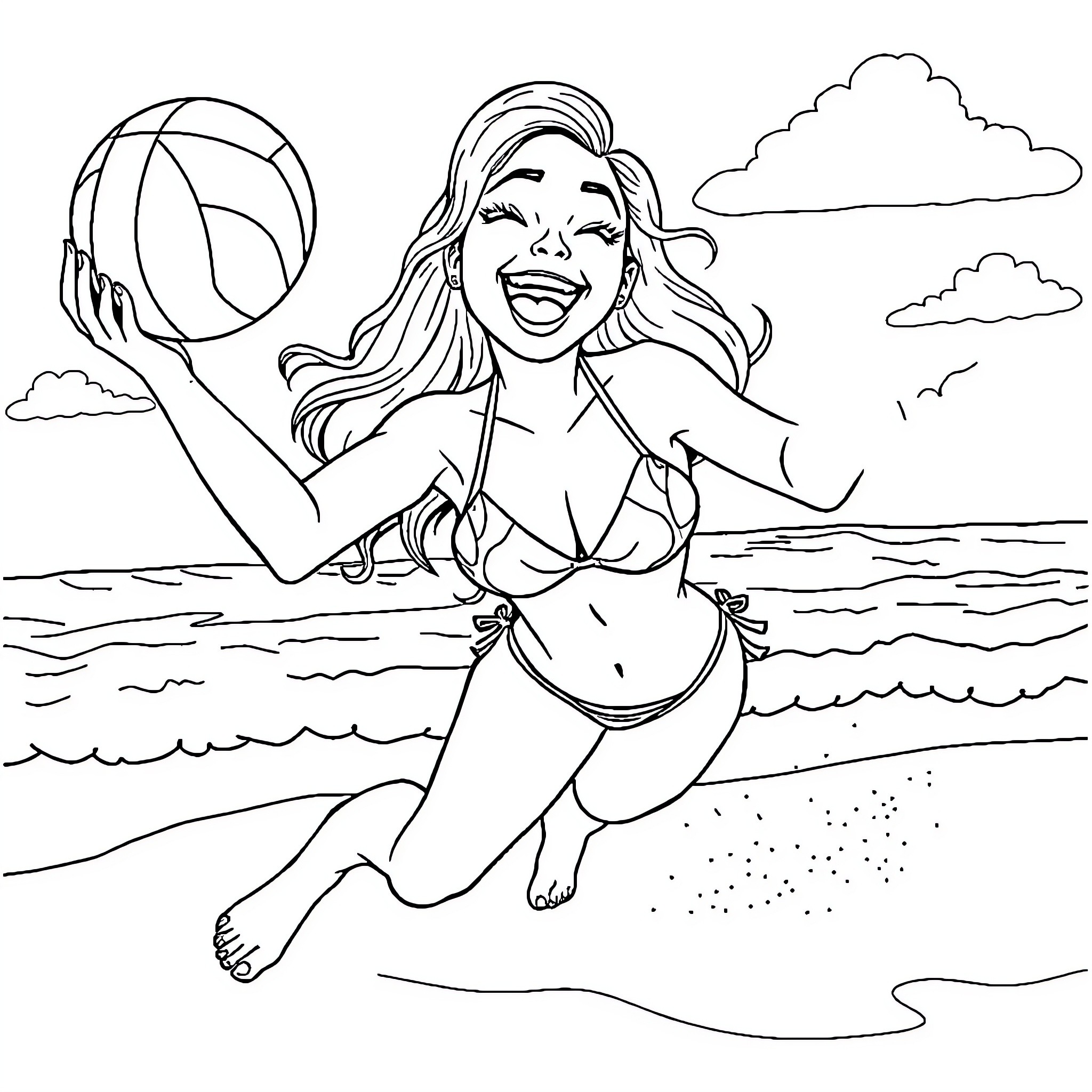 Penny enjoying a day at the beach with a beach ball Coloring Page (free black-and-white line drawing printable PDF for all, from beginners to advanced learners, including children, teens, adults, and seniors)