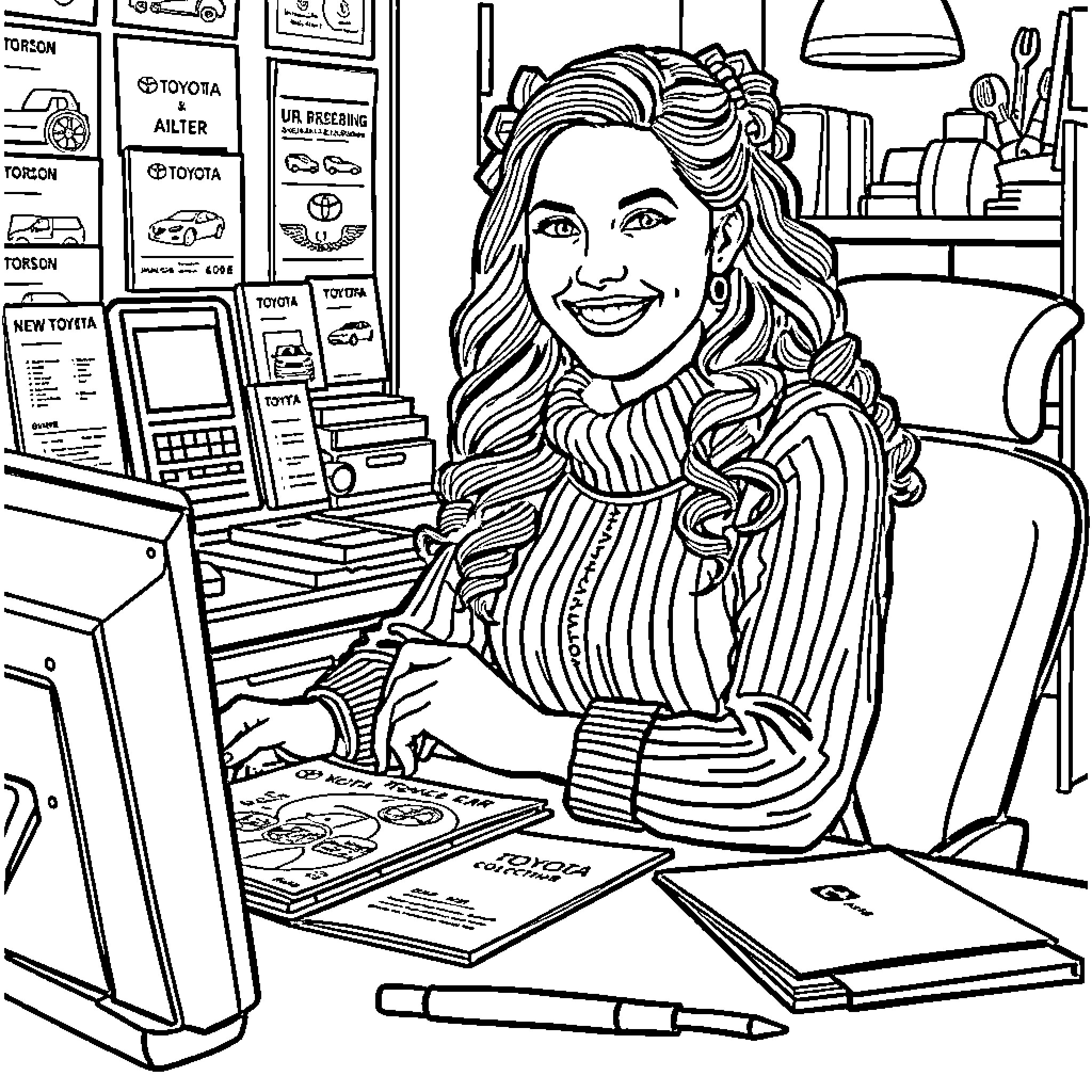 Katie working hard at her desk in the office Coloring Page (free black-and-white line drawing printable PDF for all, from beginners to advanced learners, including children, teens, adults, and seniors)