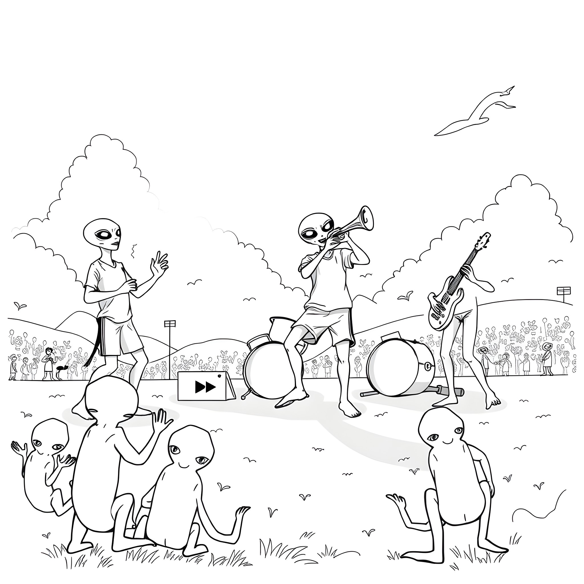 Kneecap alien band performing on stage Coloring Page (free black-and-white line drawing printable PDF for all, from beginners to advanced learners, including children, teens, adults, and seniors)