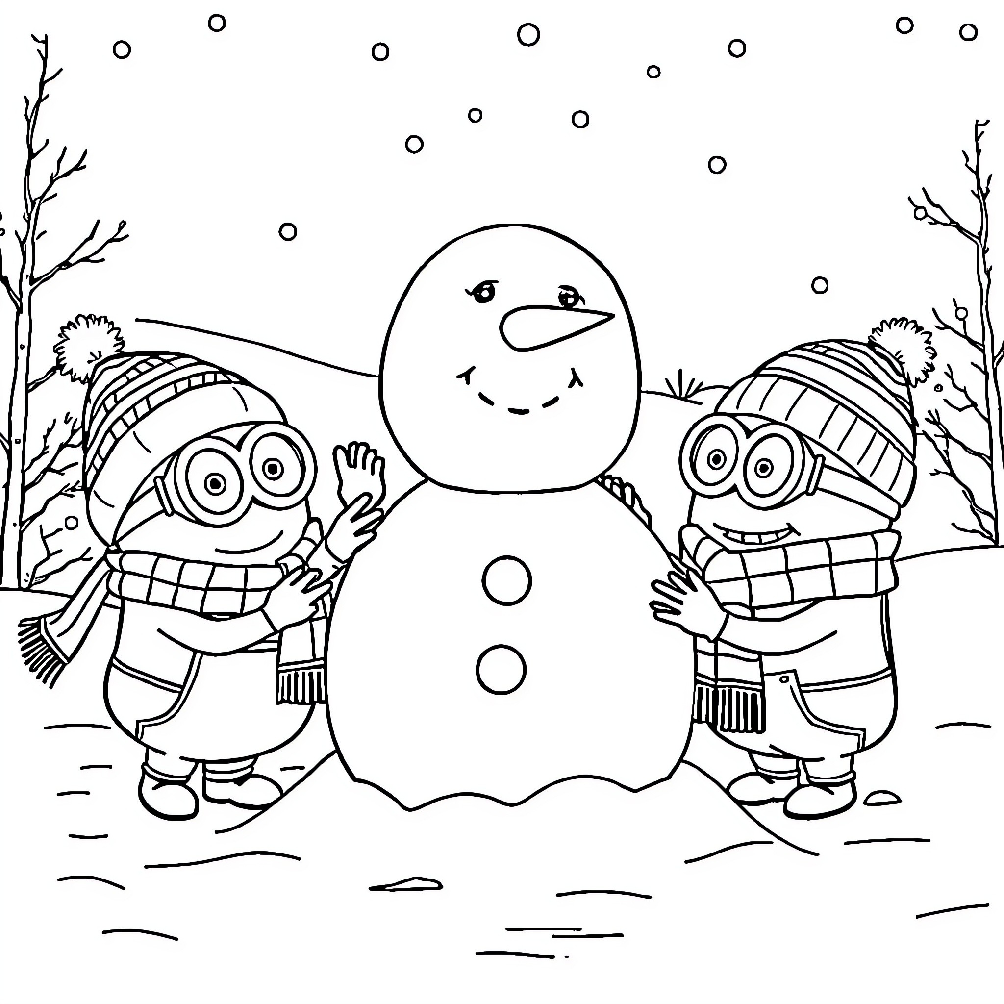 Minions enjoying a snowy day with a snowman Coloring Page (free black-and-white line drawing printable PDF for all, from beginners to advanced learners, including children, teens, adults, and seniors)