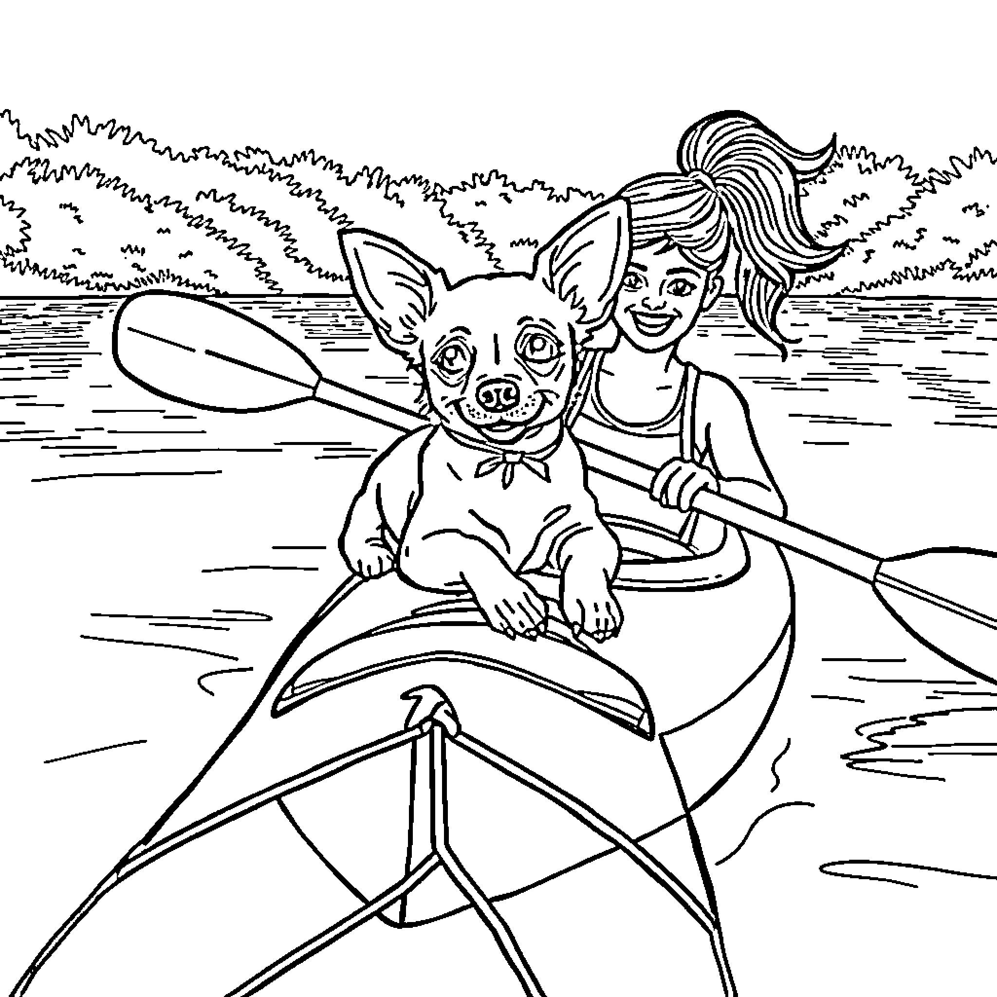 Chihuahua enjoying a boat ride with its companion Coloring Page (free black-and-white line drawing printable PDF for all, from beginners to advanced learners, including children, teens, adults, and seniors)