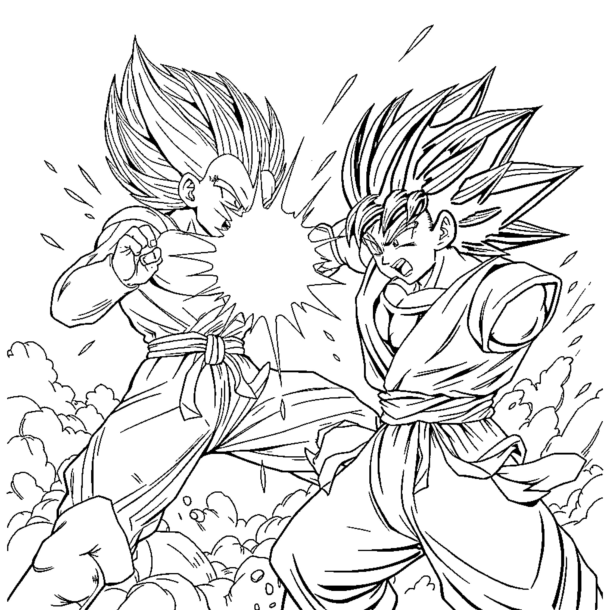 Vegeta engaging in intense combat with Goku Coloring Page (free black-and-white line drawing printable PDF for all, from beginners to advanced learners, including children, teens, adults, and seniors)