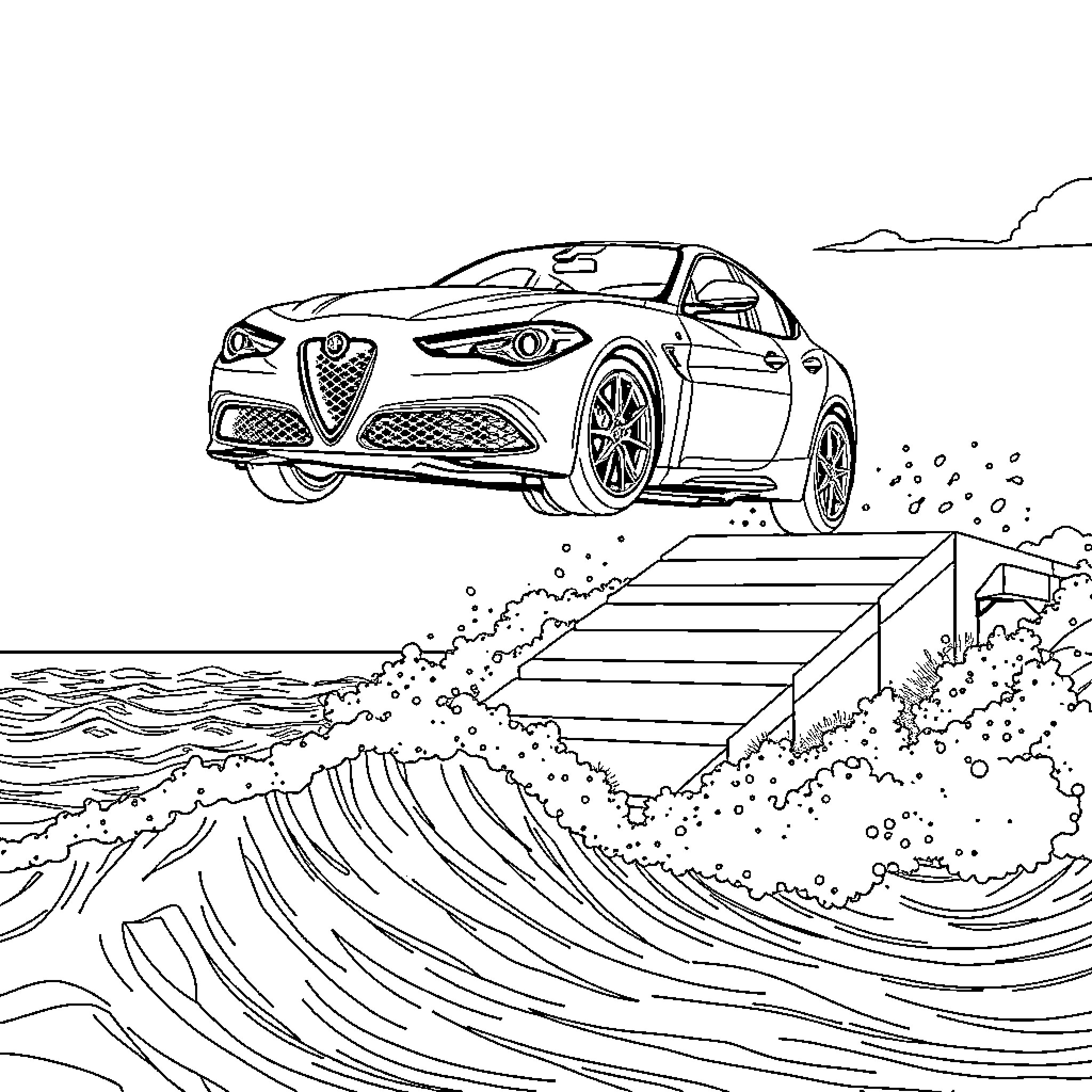 Alpha Romeo speeding through waves at the beach Coloring Page (free black-and-white line drawing printable PDF for all, from beginners to advanced learners, including children, teens, adults, and seniors)