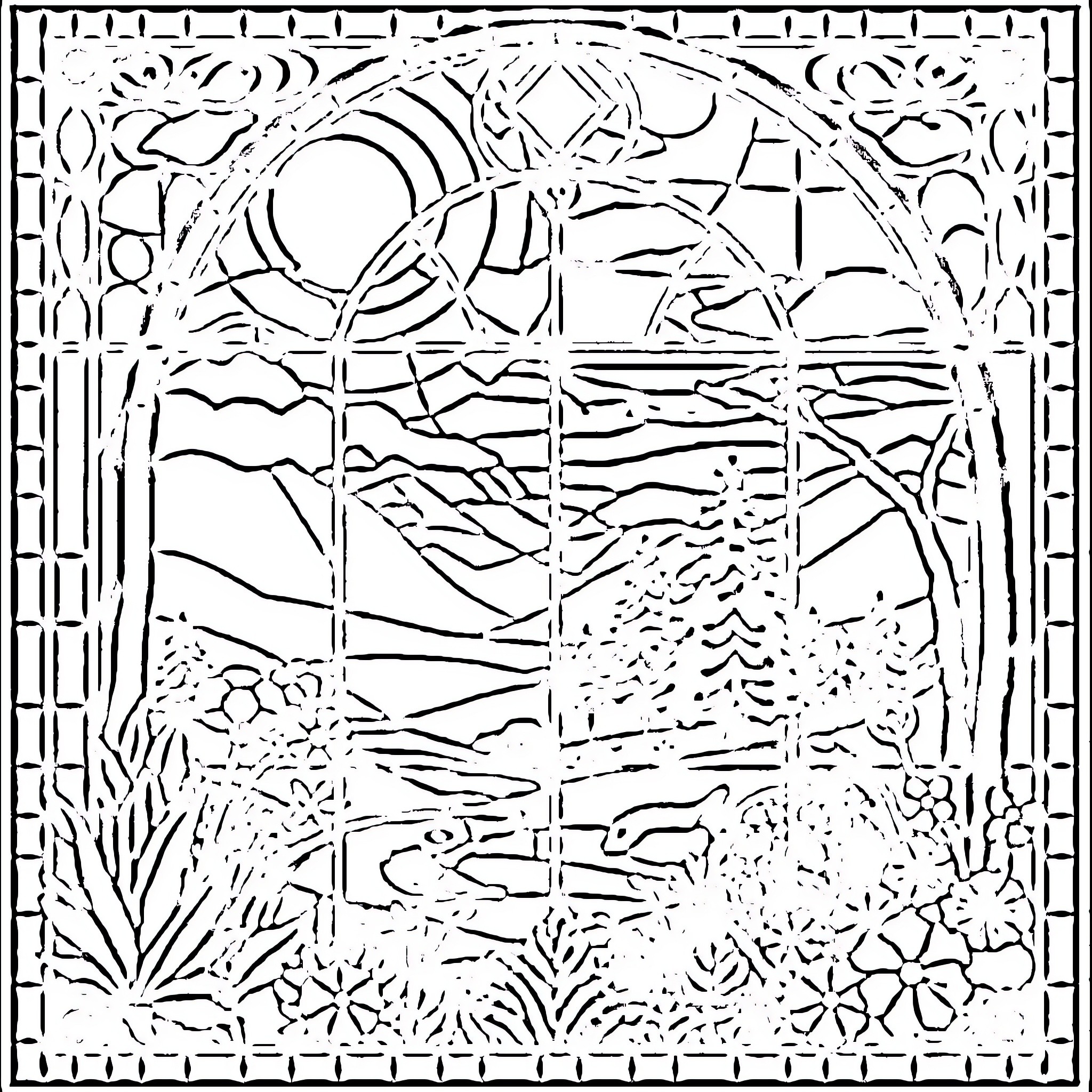 Stained Glass Landscape with Nature Motifs Coloring Page (free black-and-white line drawing printable PDF for all, from beginners to advanced learners, including children, teens, adults, and seniors)