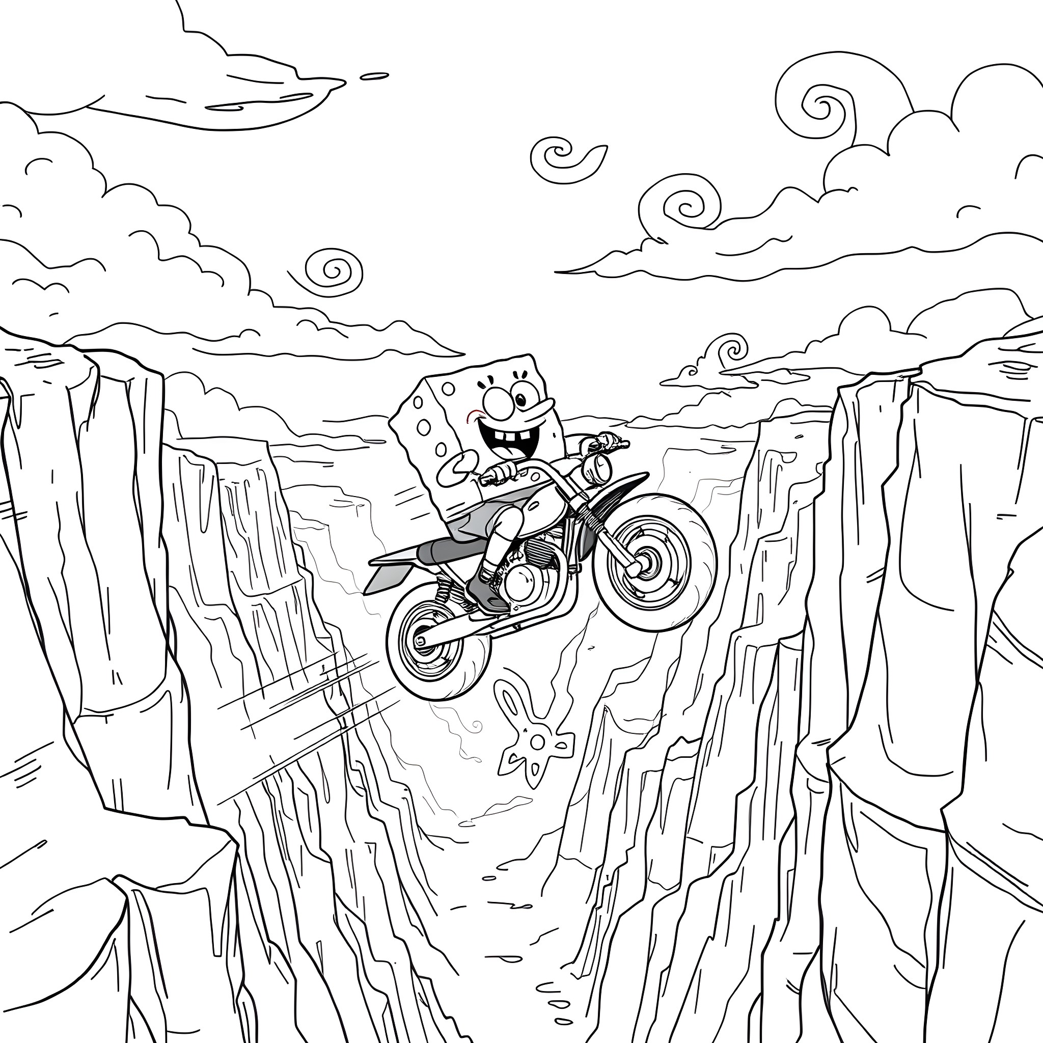 Spongebob riding a motorcycle across a rocky terrain Coloring Page (free black-and-white line drawing printable PDF for all, from beginners to advanced learners, including children, teens, adults, and seniors)