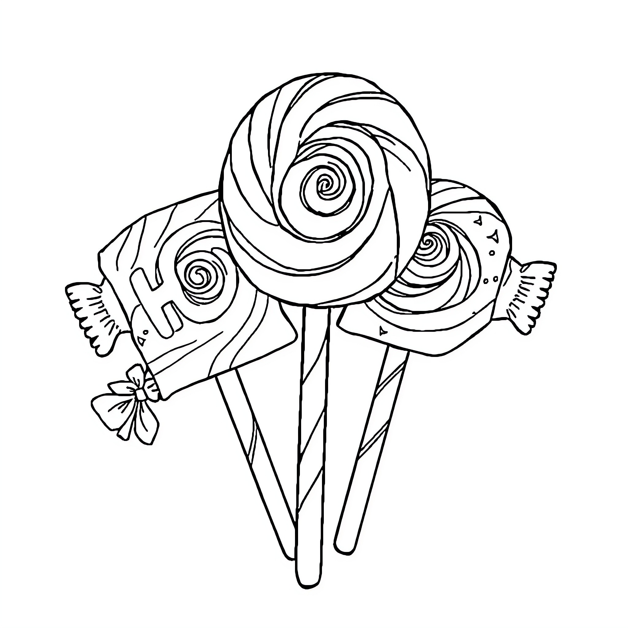 Hunni Whimsical Candy Treats with Butterflies Coloring Page (free black-and-white line drawing printable PDF for all, from beginners to advanced learners, including children, teens, adults, and seniors)