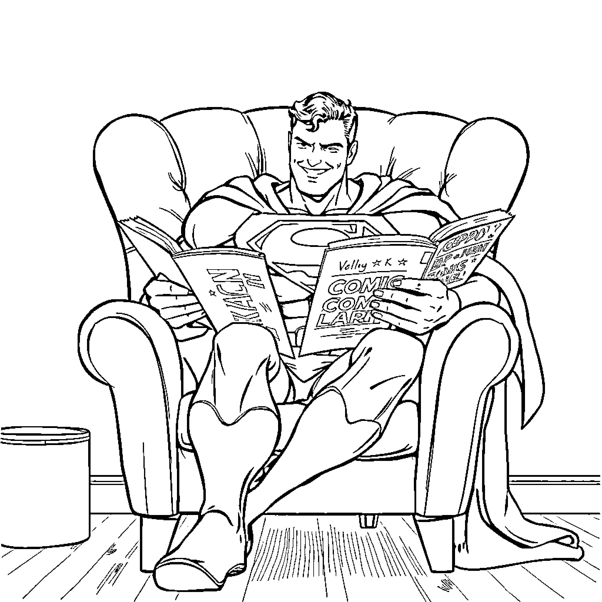Superman relaxing and reading comic books Coloring Page (free black-and-white line drawing printable PDF for all, from beginners to advanced learners, including children, teens, adults, and seniors)