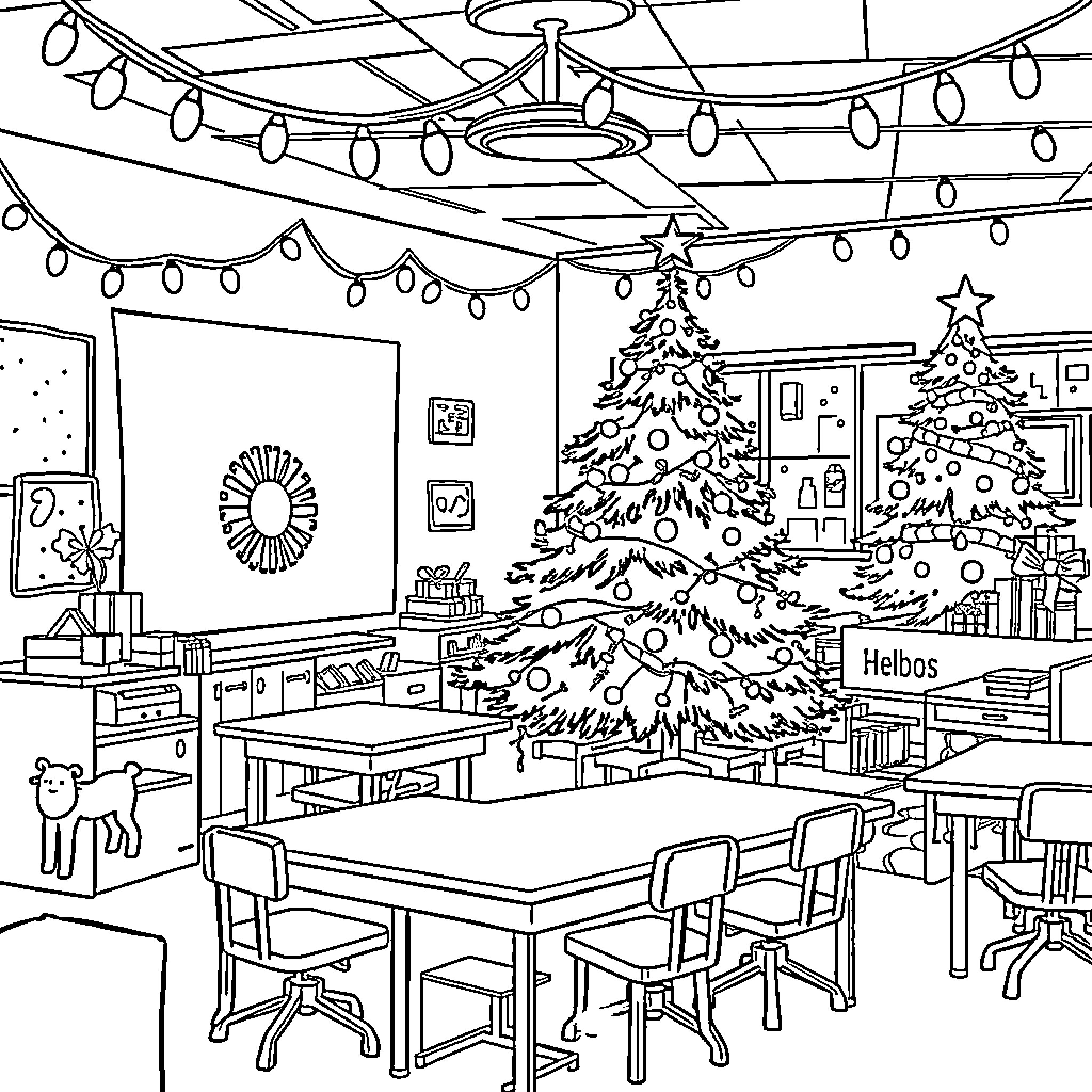 Classroom Decorated for Christmas with Trees and Lights Coloring Page (free black-and-white line drawing printable PDF for all, from beginners to advanced learners, including children, teens, adults, and seniors)