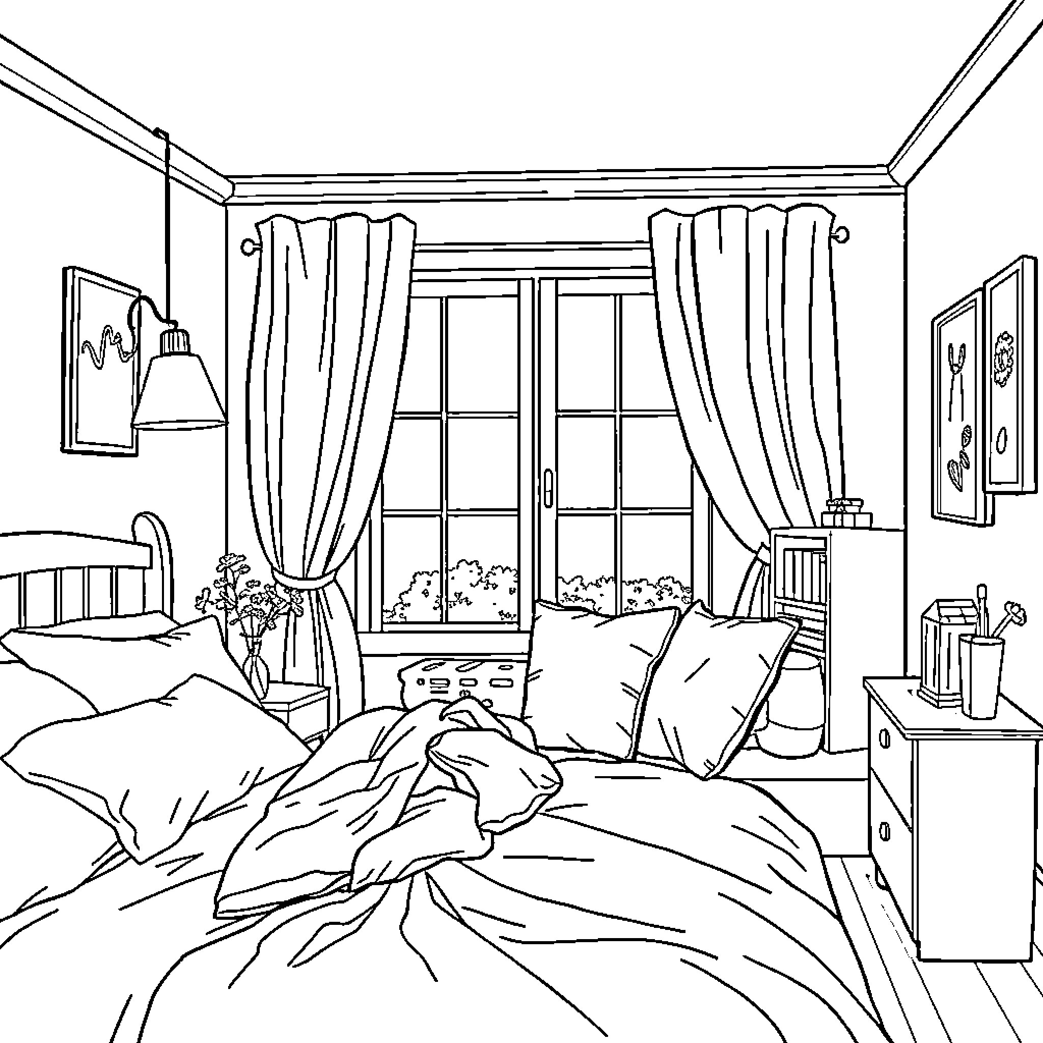 Bedroom with Cozy Bedding and Curtains Coloring Page (free black-and-white line drawing printable PDF for all, from beginners to advanced learners, including children, teens, adults, and seniors)