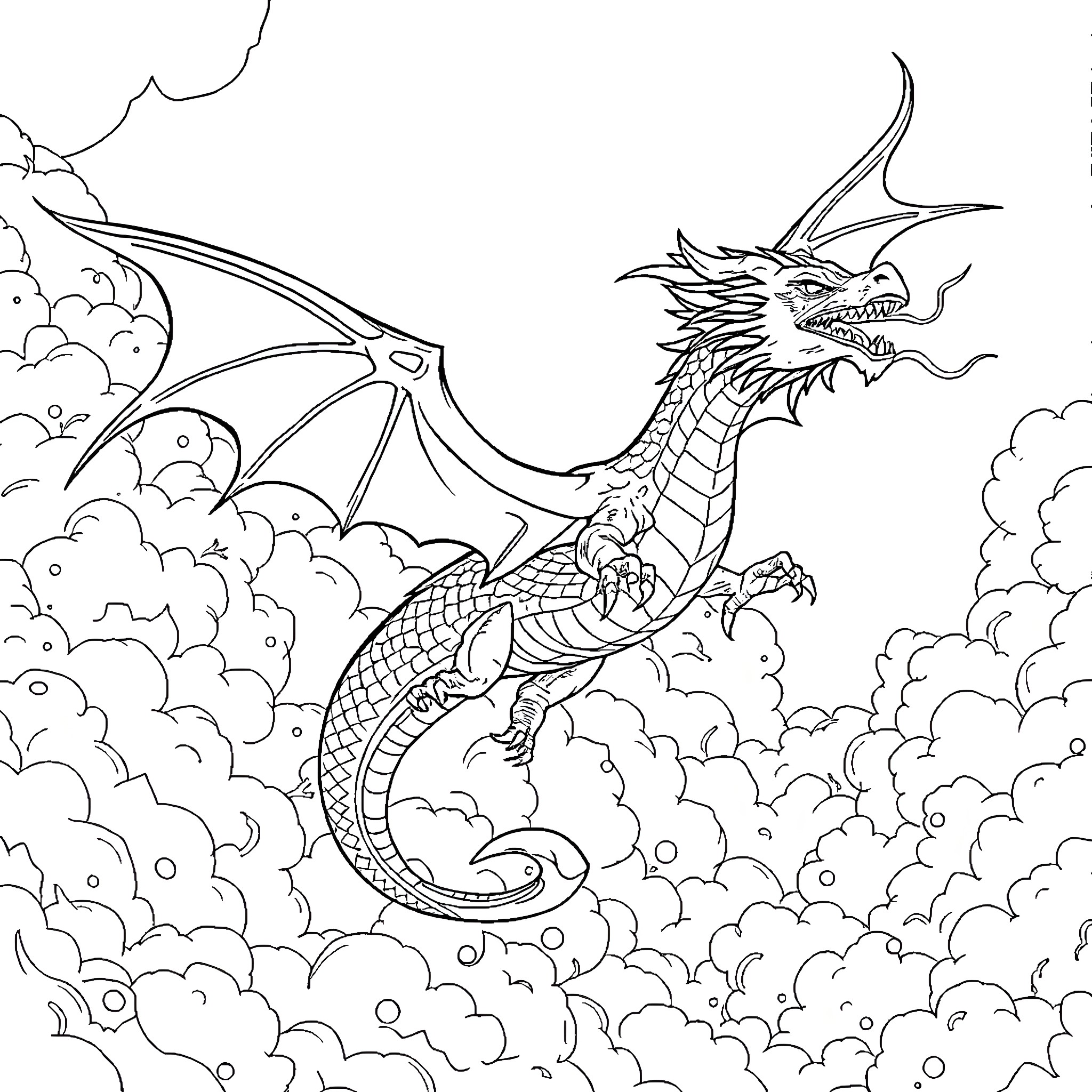 Dragon soaring through the cloudy skies Coloring Page (free black-and-white line drawing printable PDF for all, from beginners to advanced learners, including children, teens, adults, and seniors)