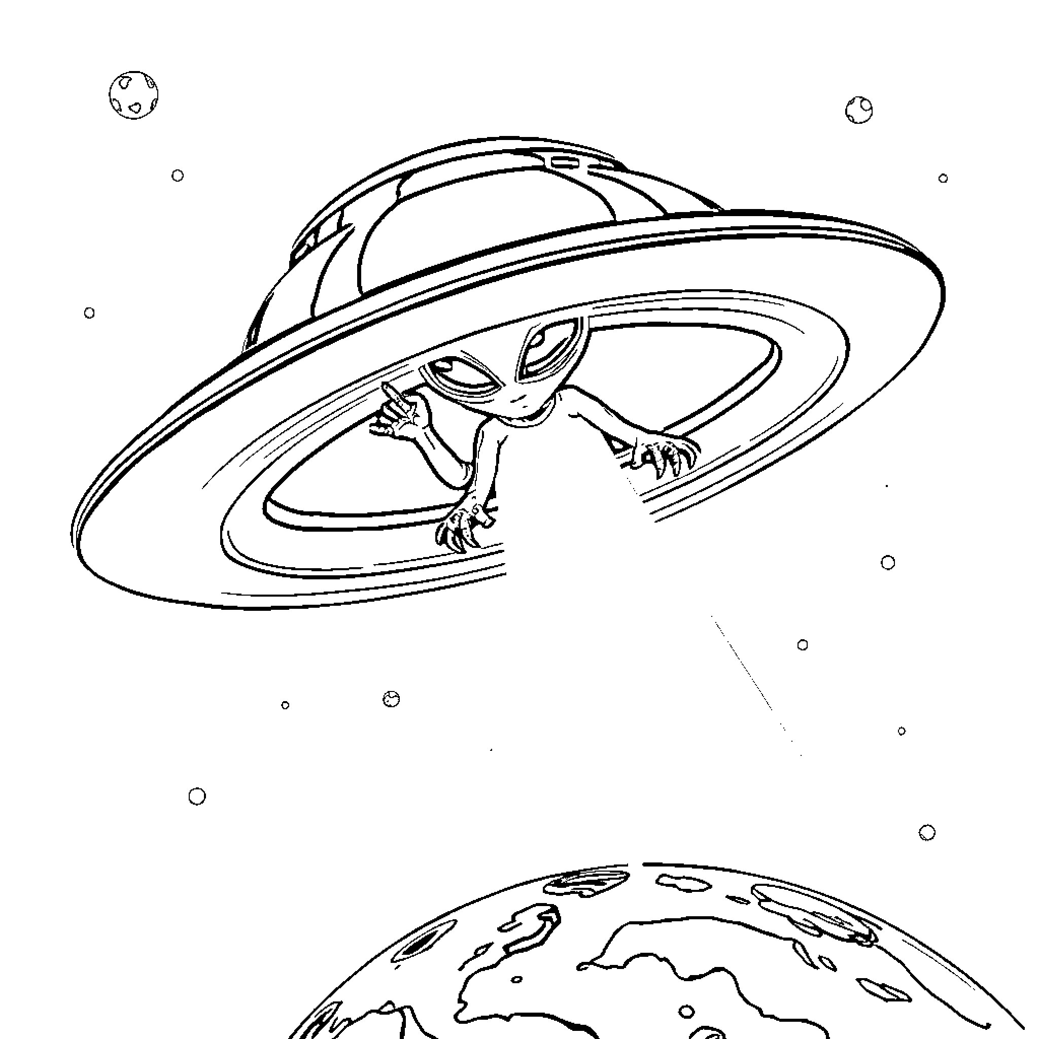 Alien peering from a flying saucer Coloring Page (free black-and-white line drawing printable PDF for all, from beginners to advanced learners, including children, teens, adults, and seniors)