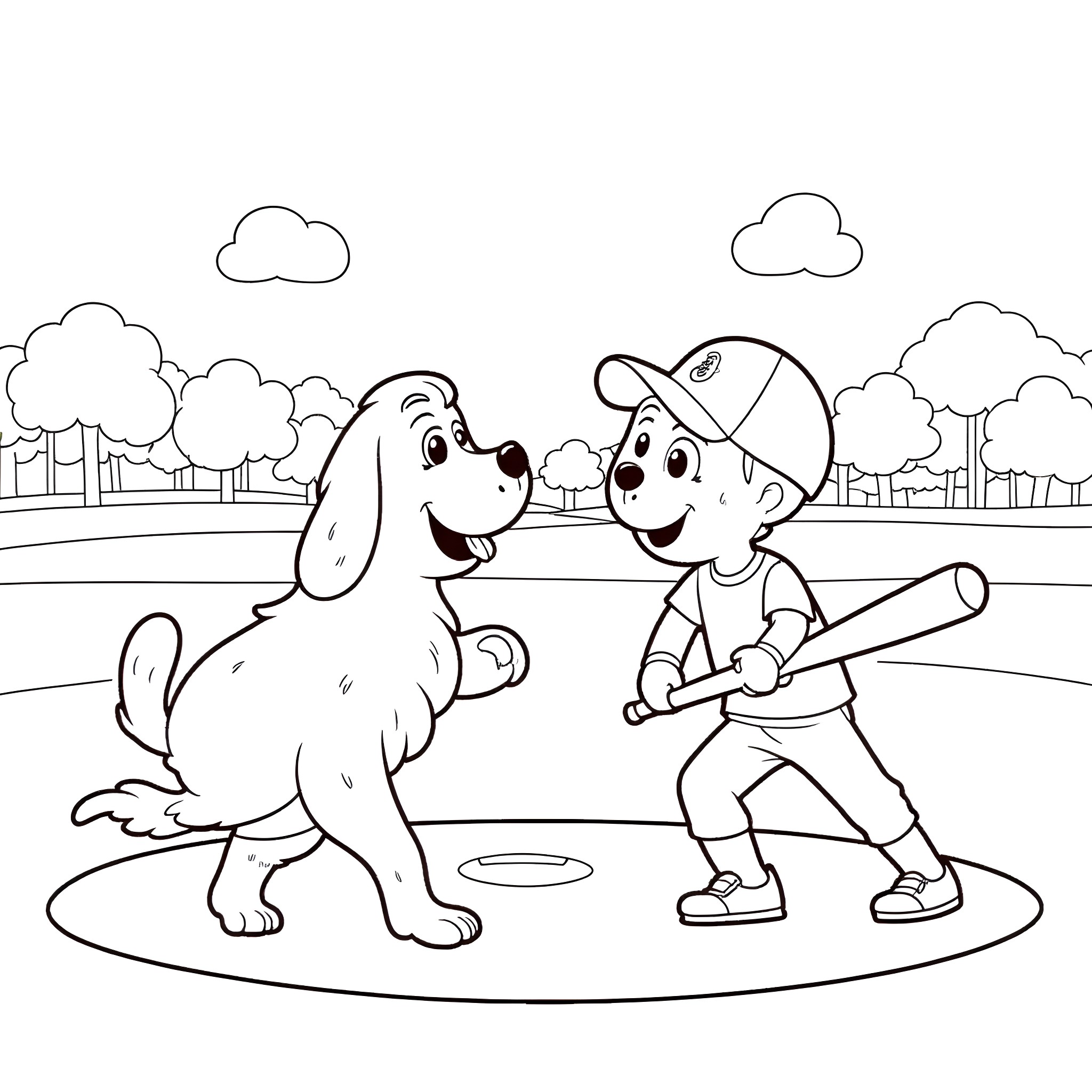 Bluey playing baseball with a friendly dog Coloring Page (free black-and-white line drawing printable PDF for all, from beginners to advanced learners, including children, teens, adults, and seniors)