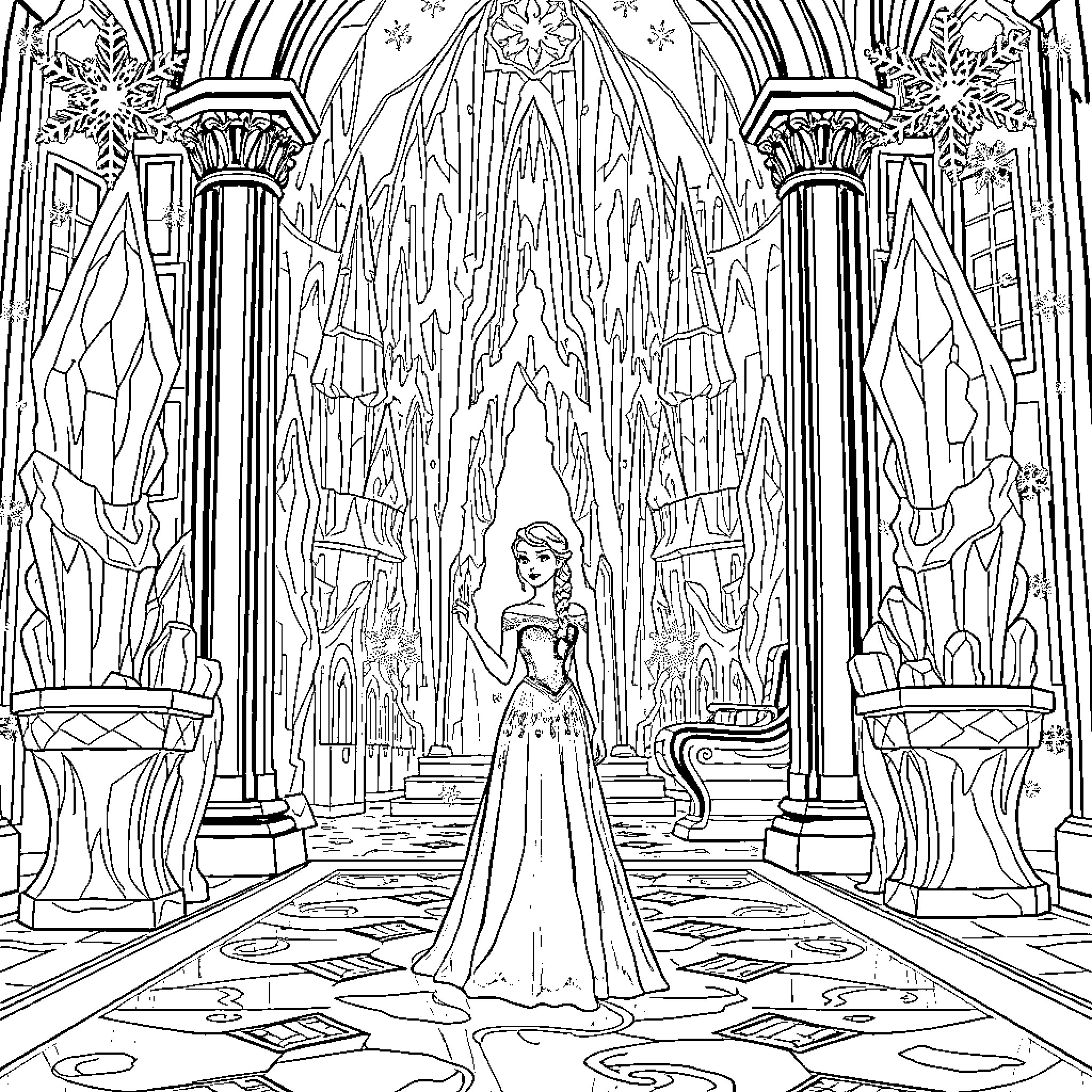 Taylor Swift in a Majestic Ice Palace Coloring Page (free black-and-white line drawing printable PDF for all, from beginners to advanced learners, including children, teens, adults, and seniors)