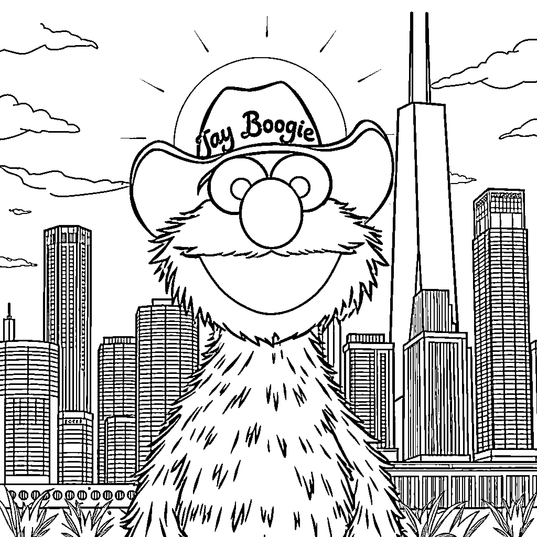 Elmo explores the big city in his Cowboy hat Coloring Page (free black-and-white line drawing printable PDF for all, from beginners to advanced learners, including children, teens, adults, and seniors)