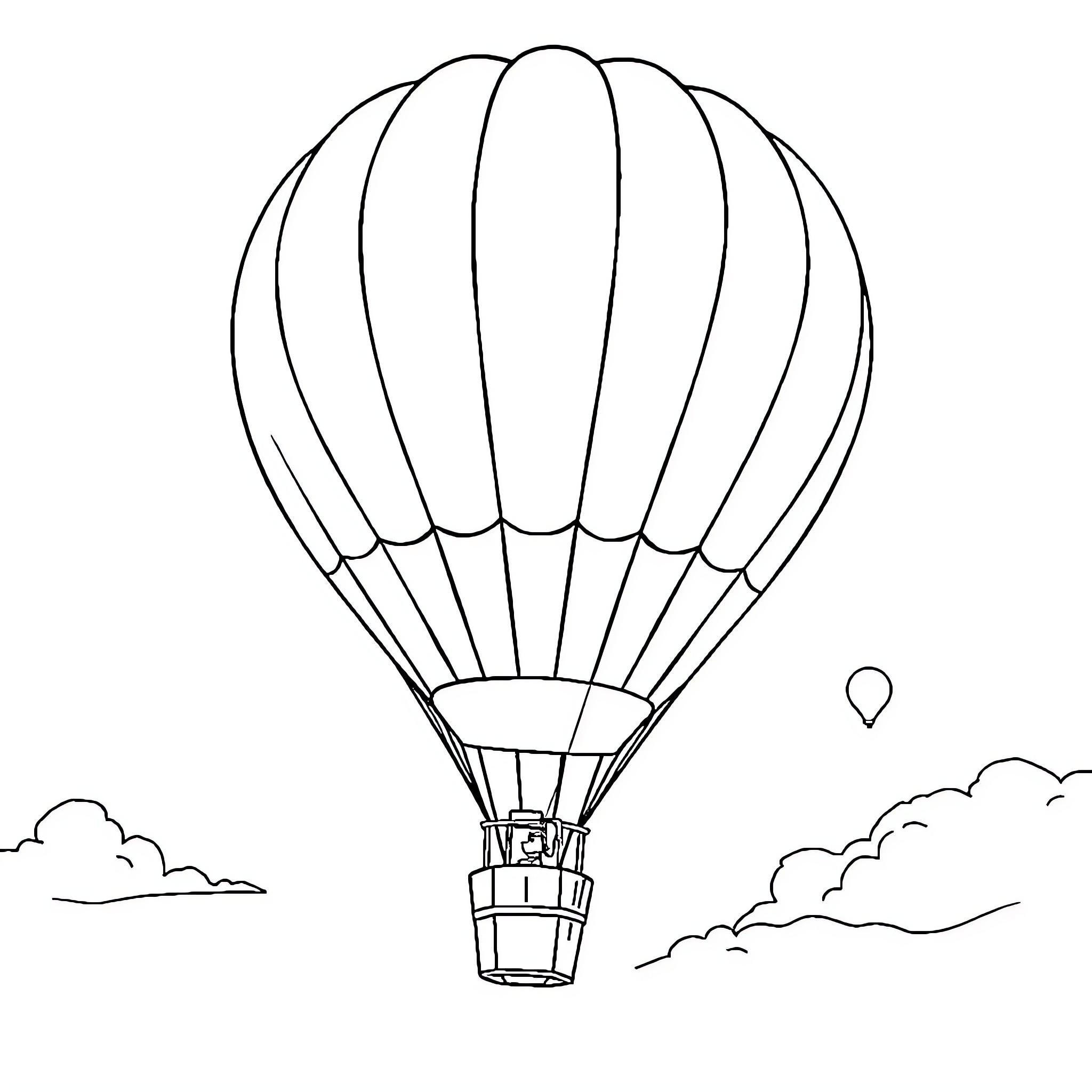 Hot Air Balloon Soaring in the Sky Coloring Page (free black-and-white line drawing printable PDF for all, from beginners to advanced learners, including children, teens, adults, and seniors)