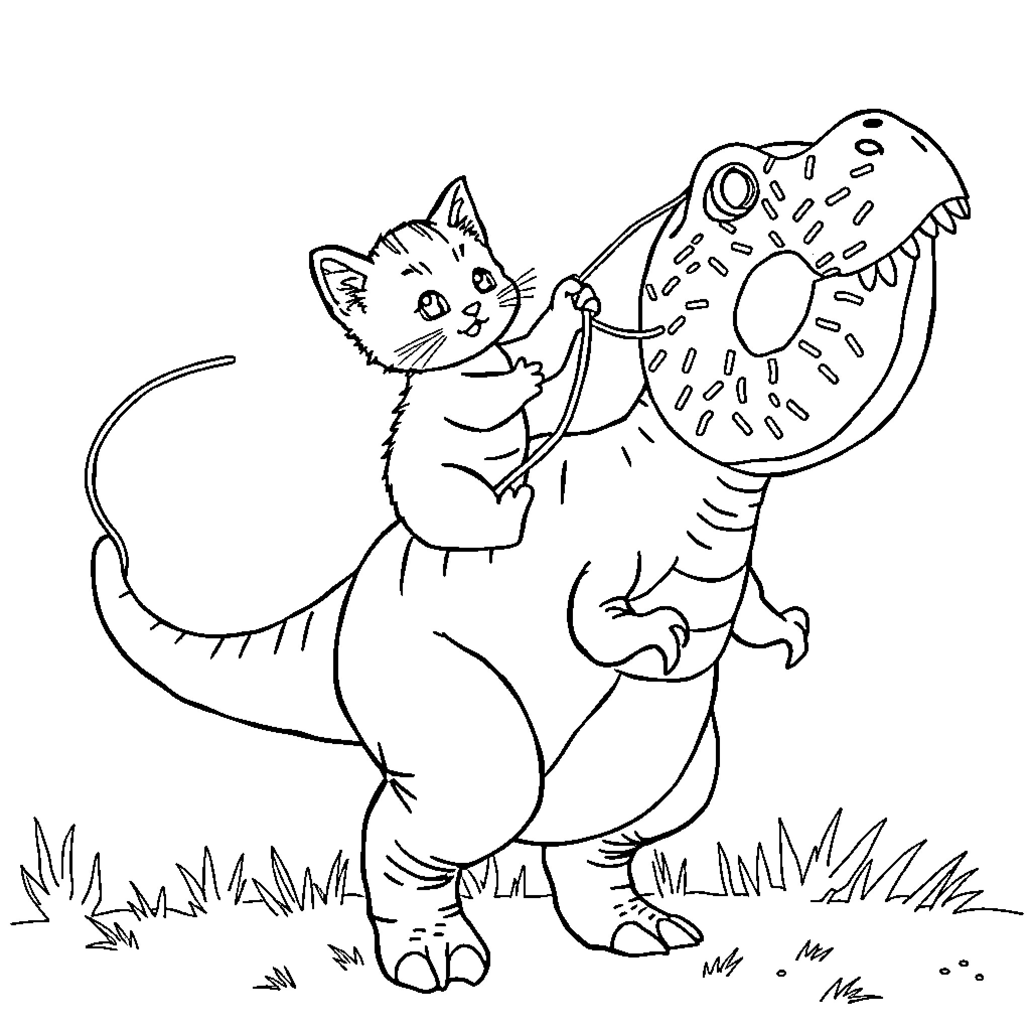 Kitten riding on a dinosaur-shaped snack Coloring Page (free black-and-white line drawing printable PDF for all, from beginners to advanced learners, including children, teens, adults, and seniors)