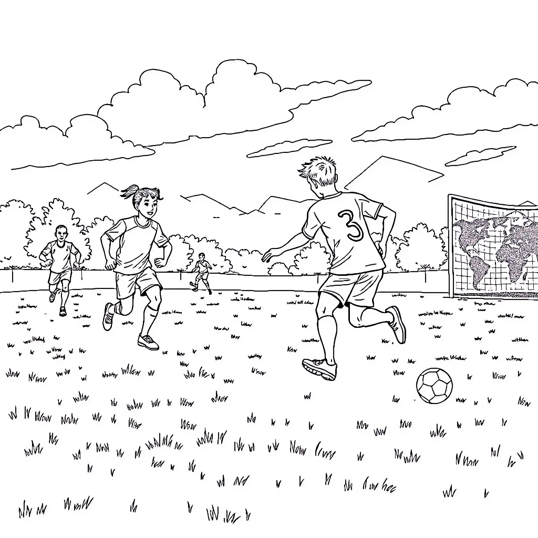 Soccer players in action on the field Coloring Page (free black-and-white line drawing printable PDF for all, from beginners to advanced learners, including children, teens, adults, and seniors)