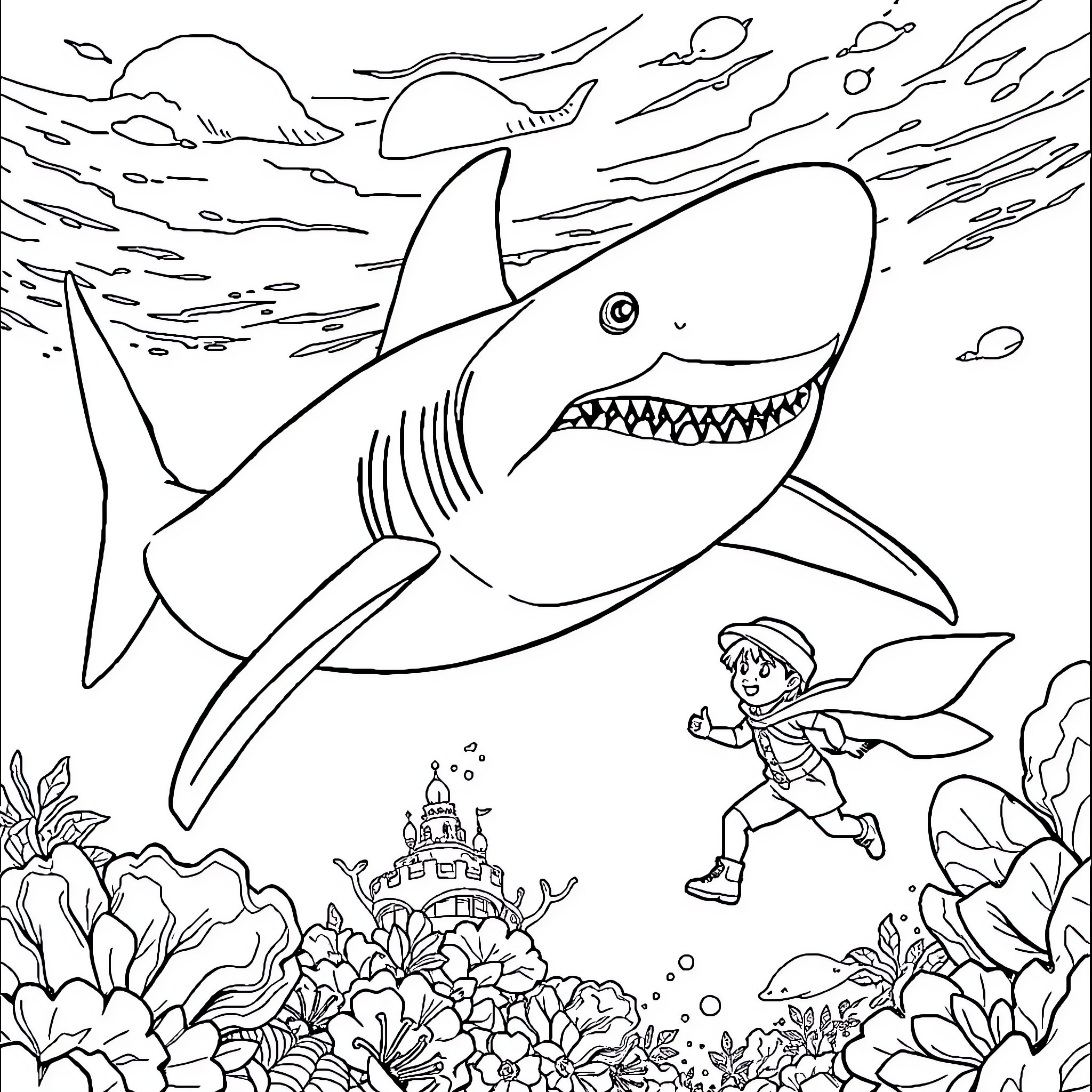 Megalodon shark chasing a frightened diver underwater Coloring Page (free black-and-white line drawing printable PDF for all, from beginners to advanced learners, including children, teens, adults, and seniors)