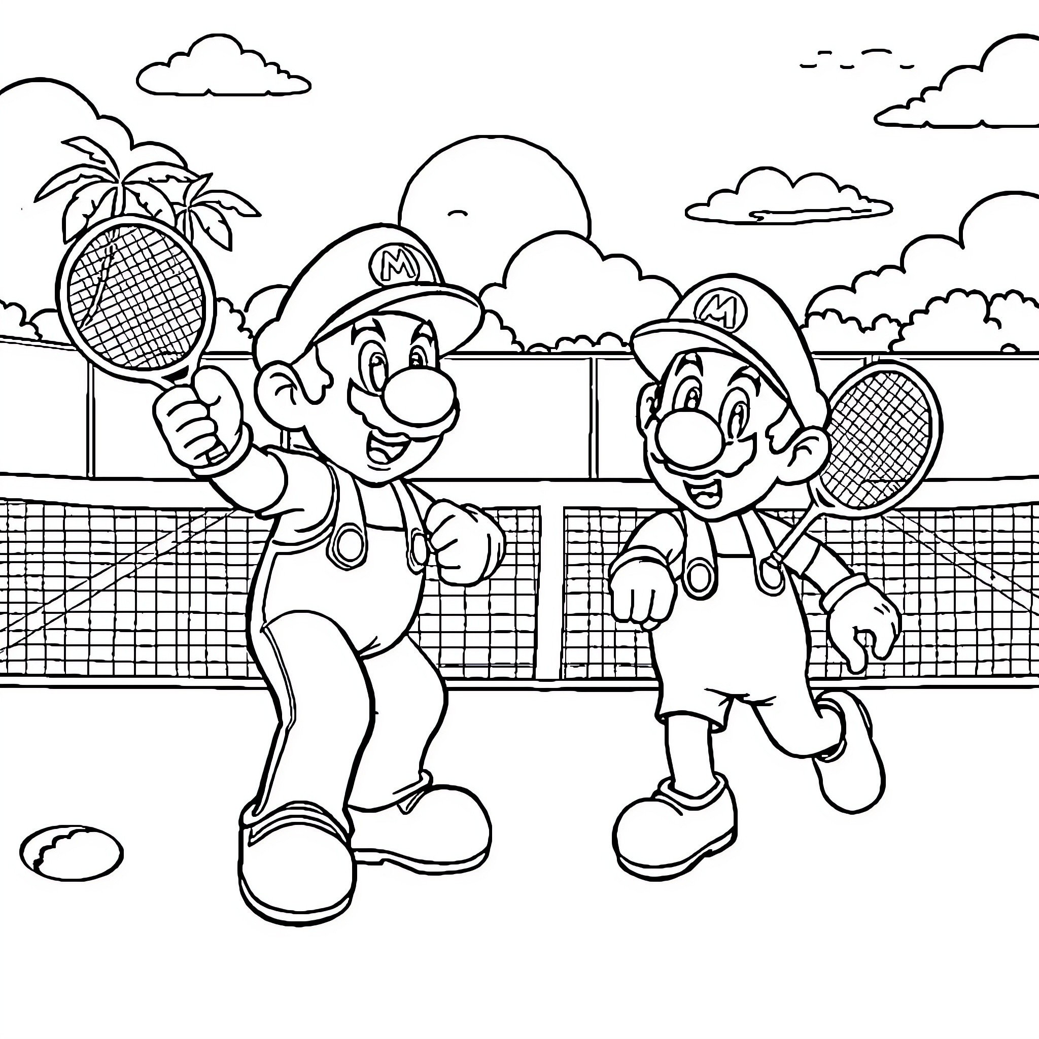 Mario and Luigi playing tennis together Coloring Page (free black-and-white line drawing printable PDF for all, from beginners to advanced learners, including children, teens, adults, and seniors)