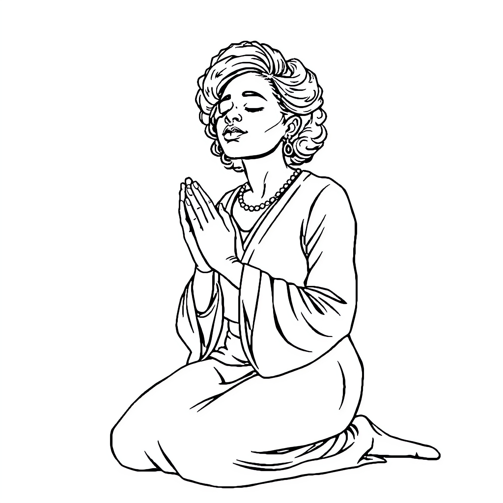 Woman in Prayer with Closed Eyes Coloring Page (free black-and-white line drawing printable PDF for all, from beginners to advanced learners, including children, teens, adults, and seniors)