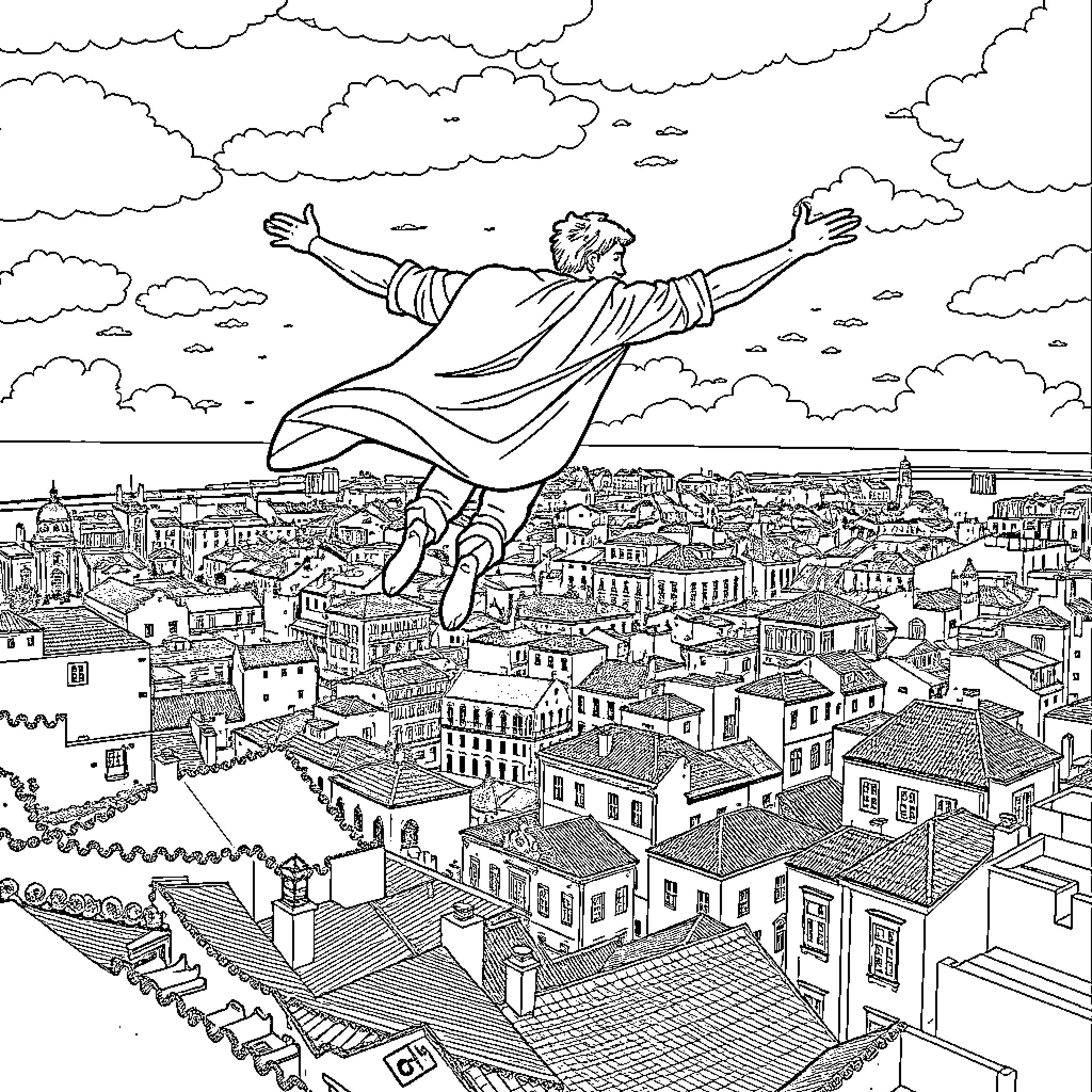 Portuguese Man Soaring Over Picturesque City Skyline Coloring Page (free black-and-white line drawing printable PDF for all, from beginners to advanced learners, including children, teens, adults, and seniors)