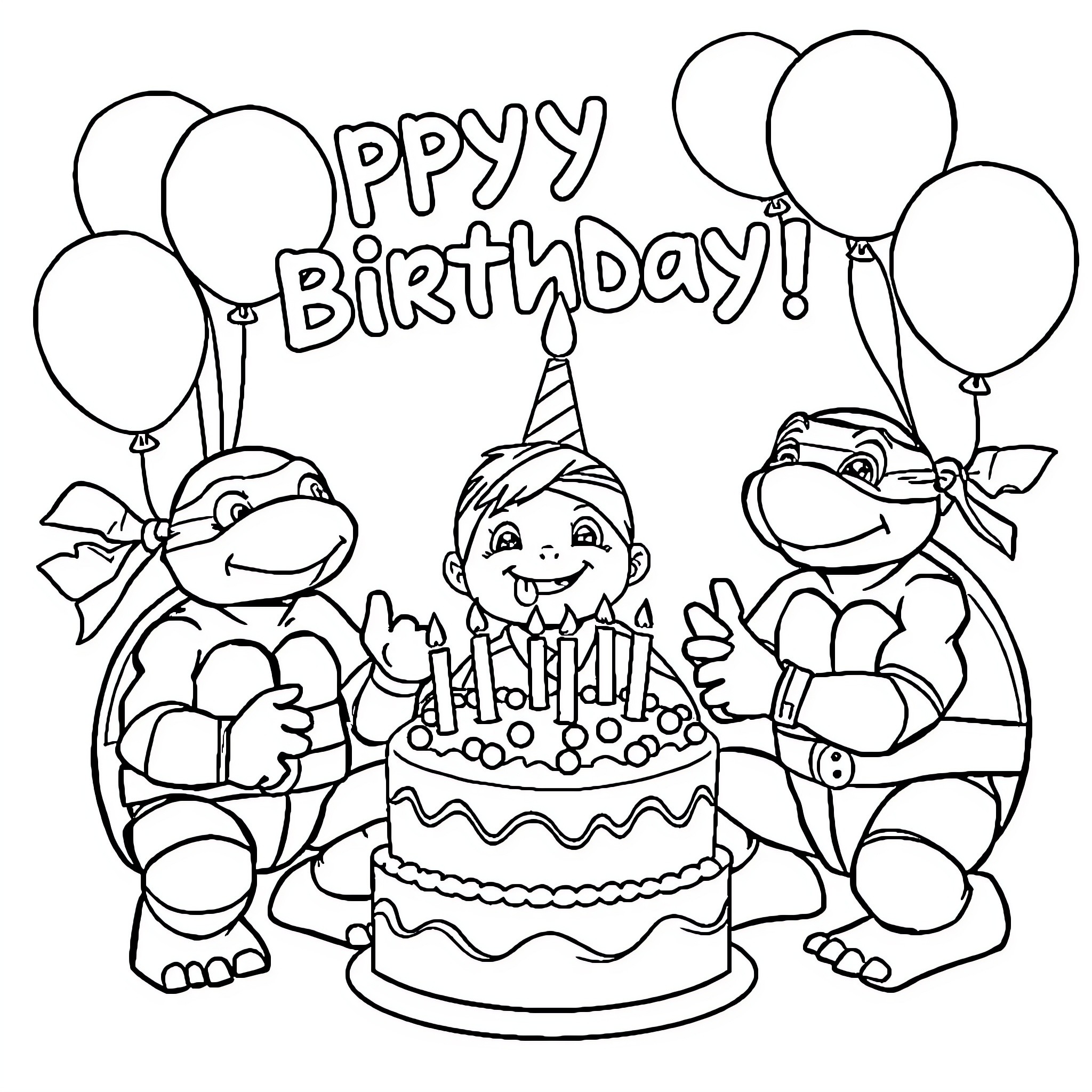 Ninja Turtles celebrate birthday party with cake and balloons Coloring Page (free black-and-white line drawing printable PDF for all, from beginners to advanced learners, including children, teens, adults, and seniors)