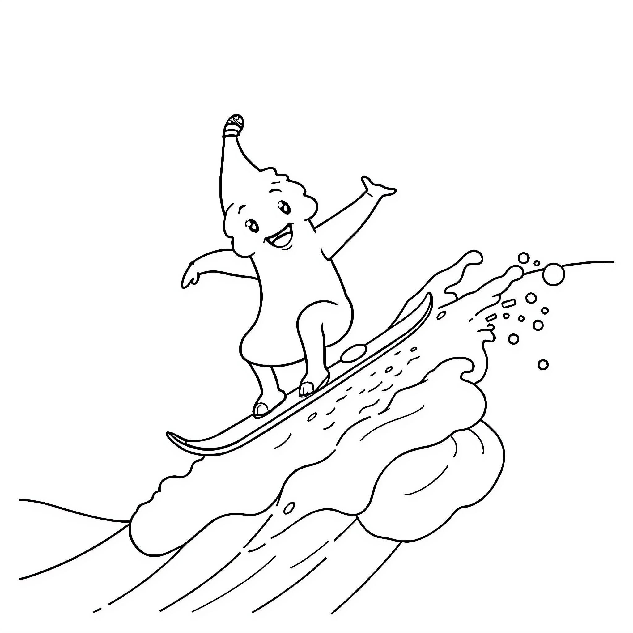 Banana enjoying surfing the waves Coloring Page (free black-and-white line drawing printable PDF for all, from beginners to advanced learners, including children, teens, adults, and seniors)