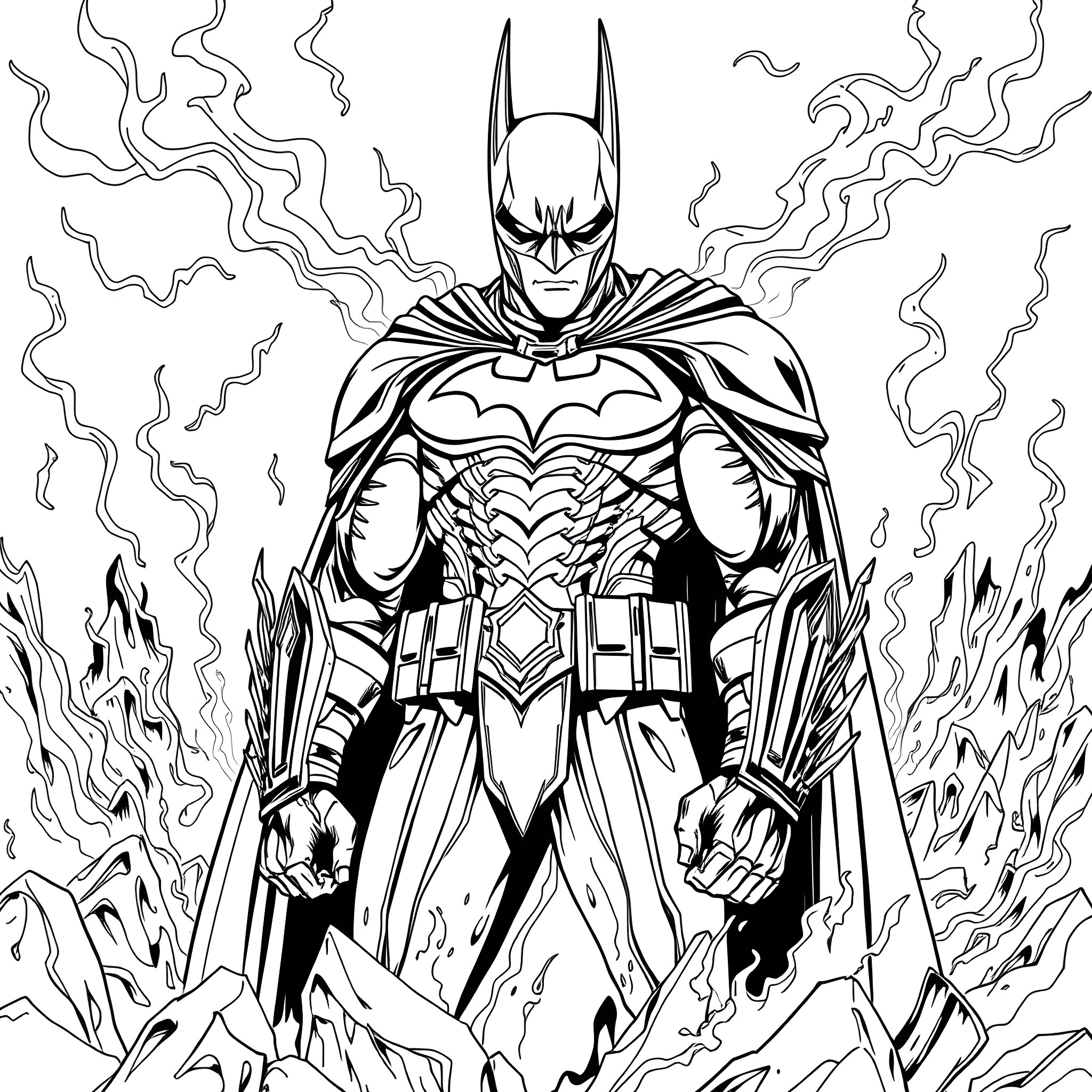 Batman Stands Heroically Amidst Dramatic Surroundings Coloring Page (free black-and-white line drawing printable PDF for all, from beginners to advanced learners, including children, teens, adults, and seniors)