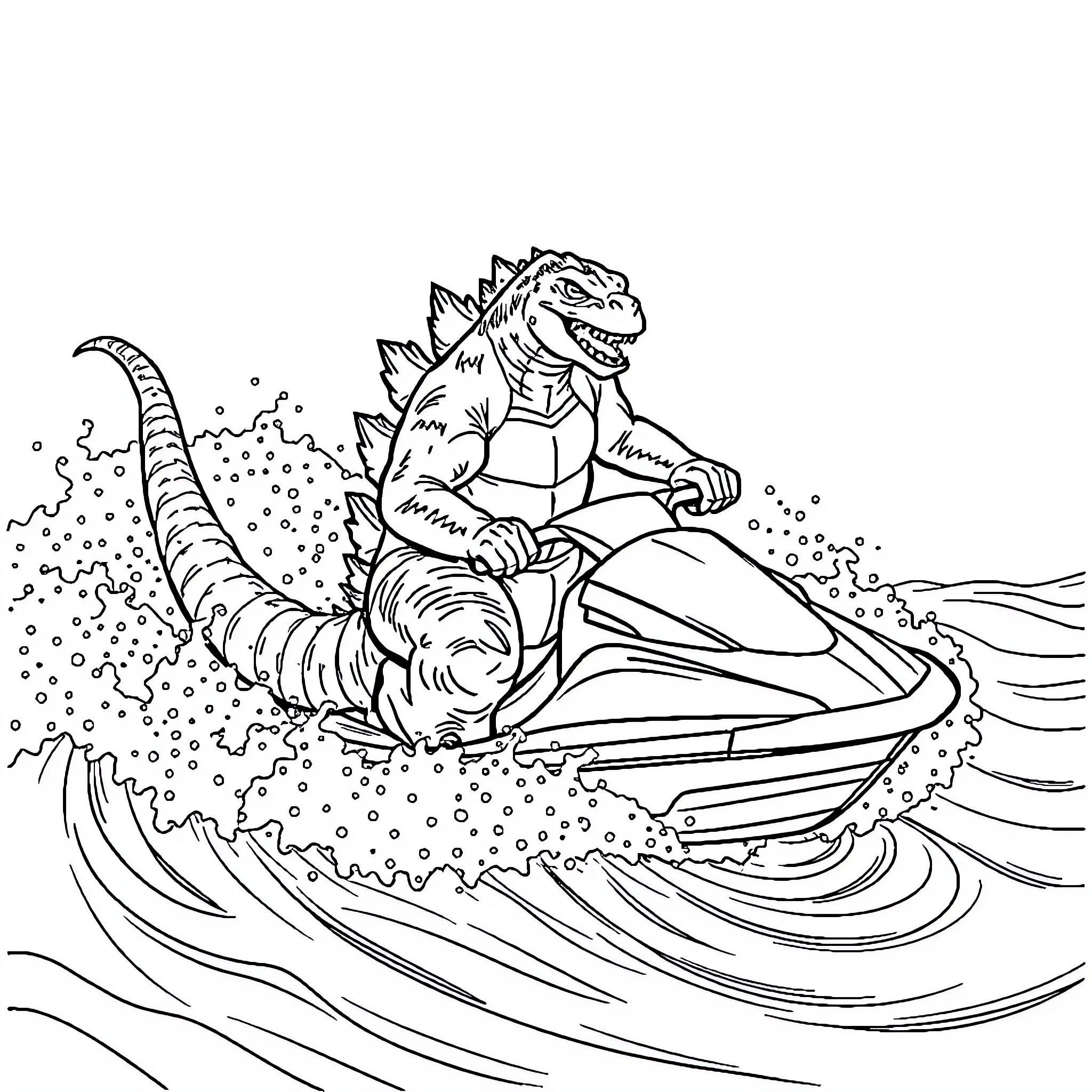 Godzilla riding a jet ski in the waves Coloring Page (free black-and-white line drawing printable PDF for all, from beginners to advanced learners, including children, teens, adults, and seniors)