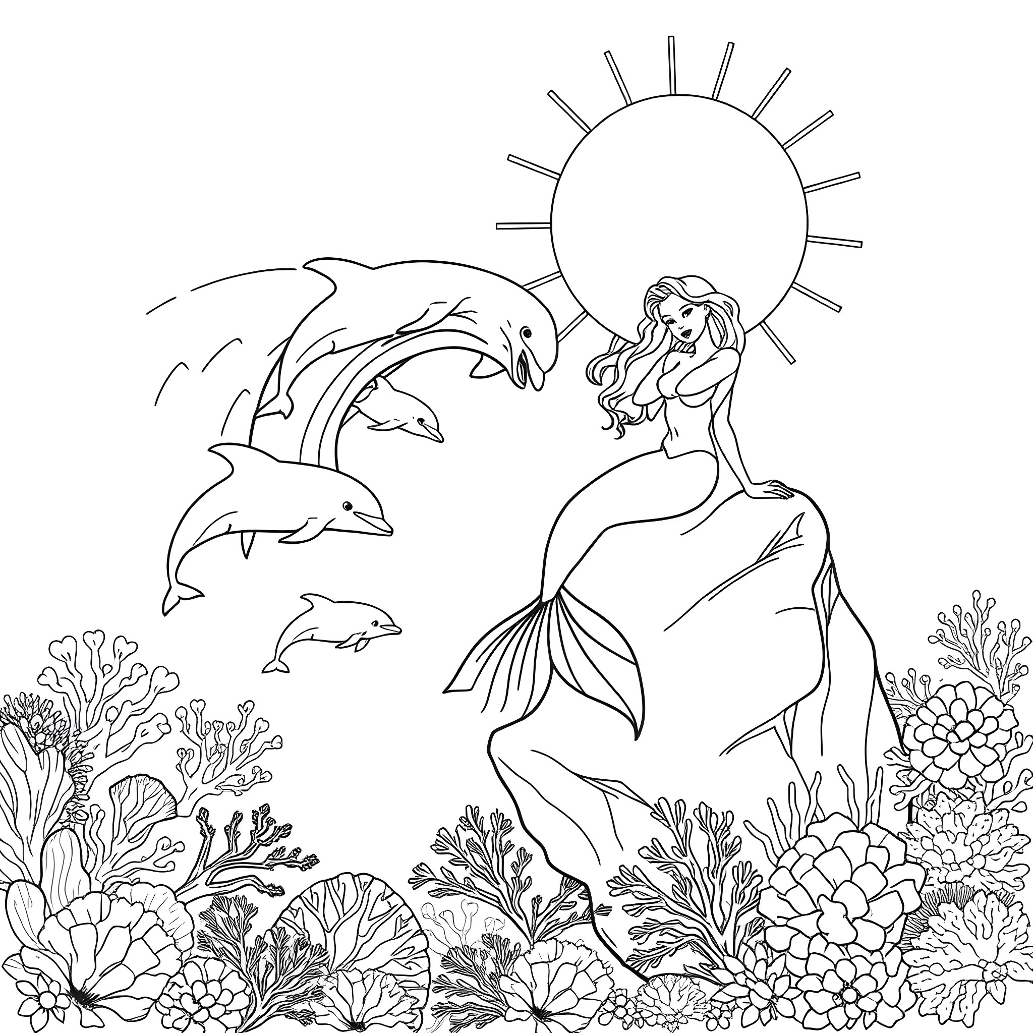 Mermaid playing with dolphins in an underwater garden Coloring Page (free black-and-white line drawing printable PDF for all, from beginners to advanced learners, including children, teens, adults, and seniors)
