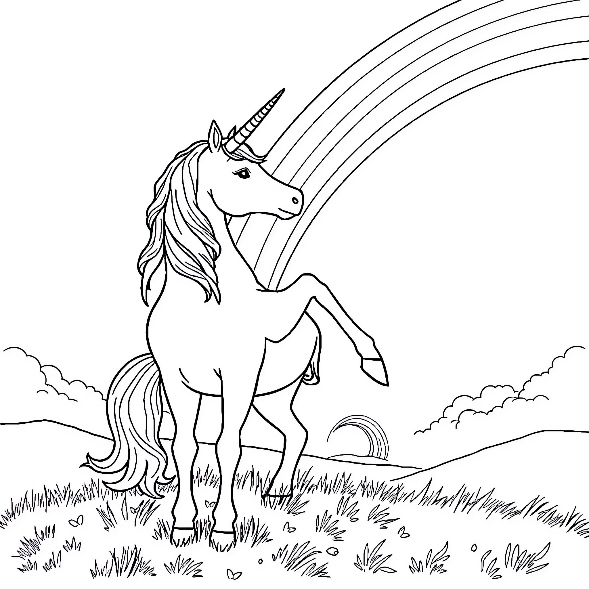 Unicorn galloping through a magical landscape Coloring Page (free black-and-white line drawing printable PDF for all, from beginners to advanced learners, including children, teens, adults, and seniors)