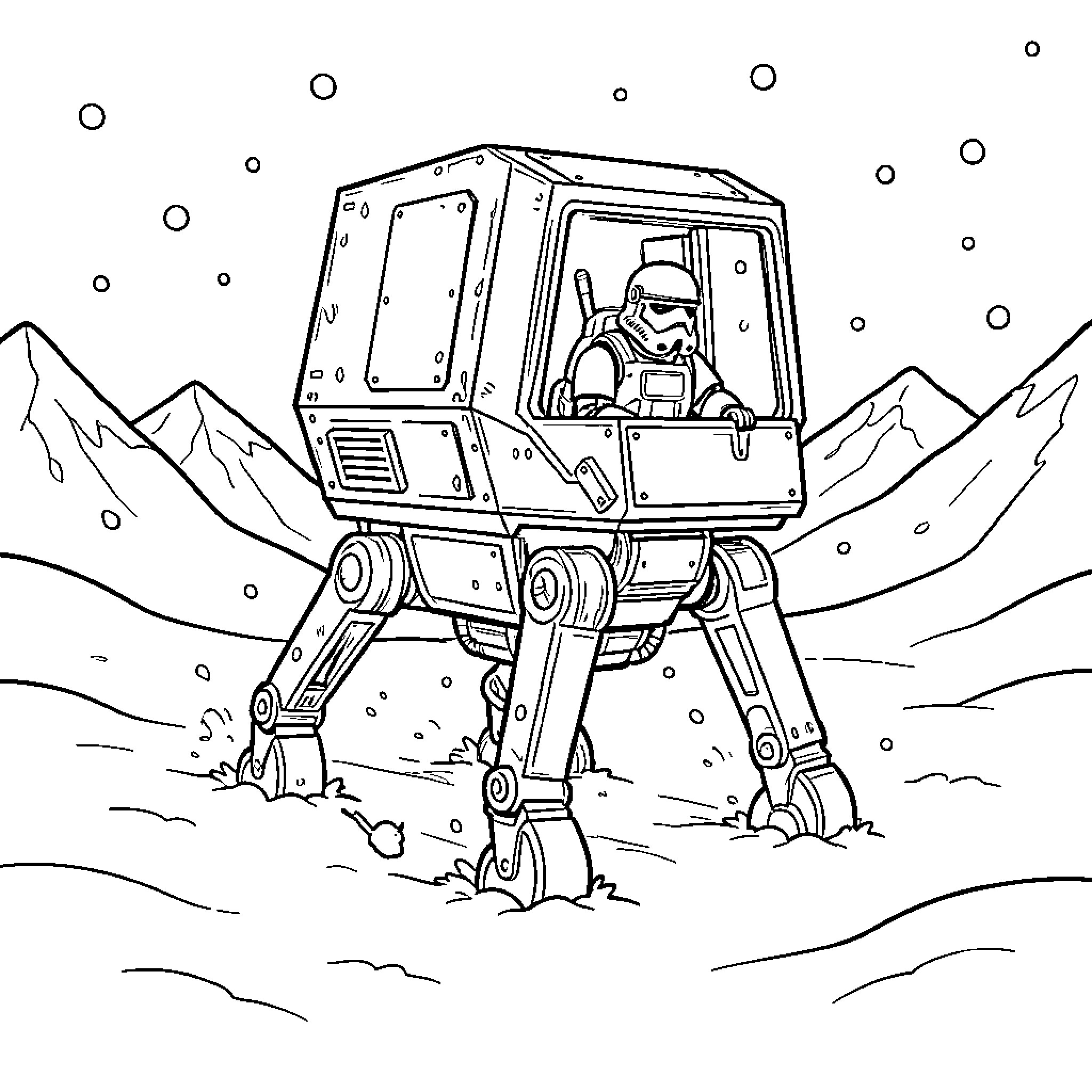 Snowtrooper operating a large walking combat machine Coloring Page (free black-and-white line drawing printable PDF for all, from beginners to advanced learners, including children, teens, adults, and seniors)