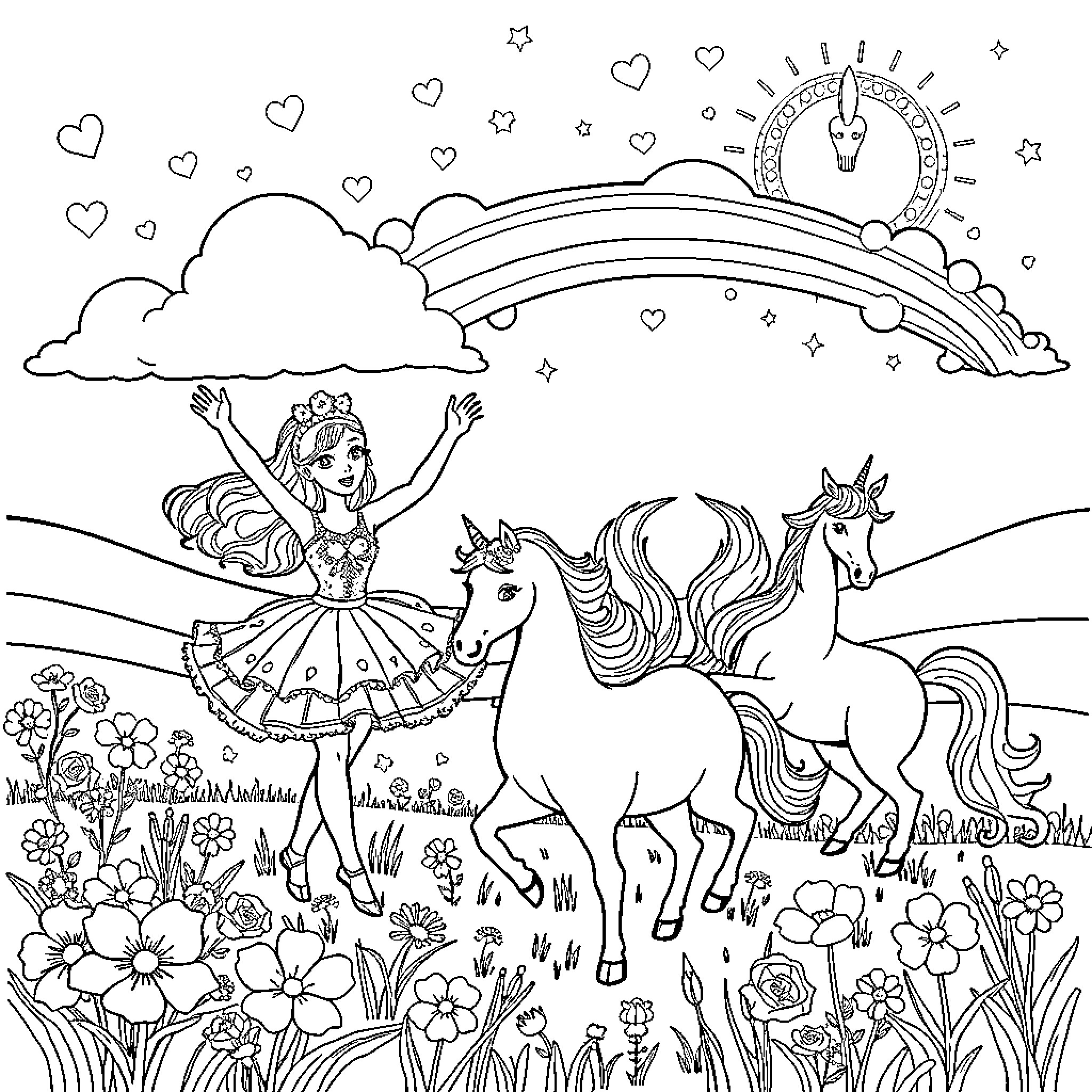 Ballet dancer and unicorn in a magical meadow Coloring Page (free black-and-white line drawing printable PDF for all, from beginners to advanced learners, including children, teens, adults, and seniors)