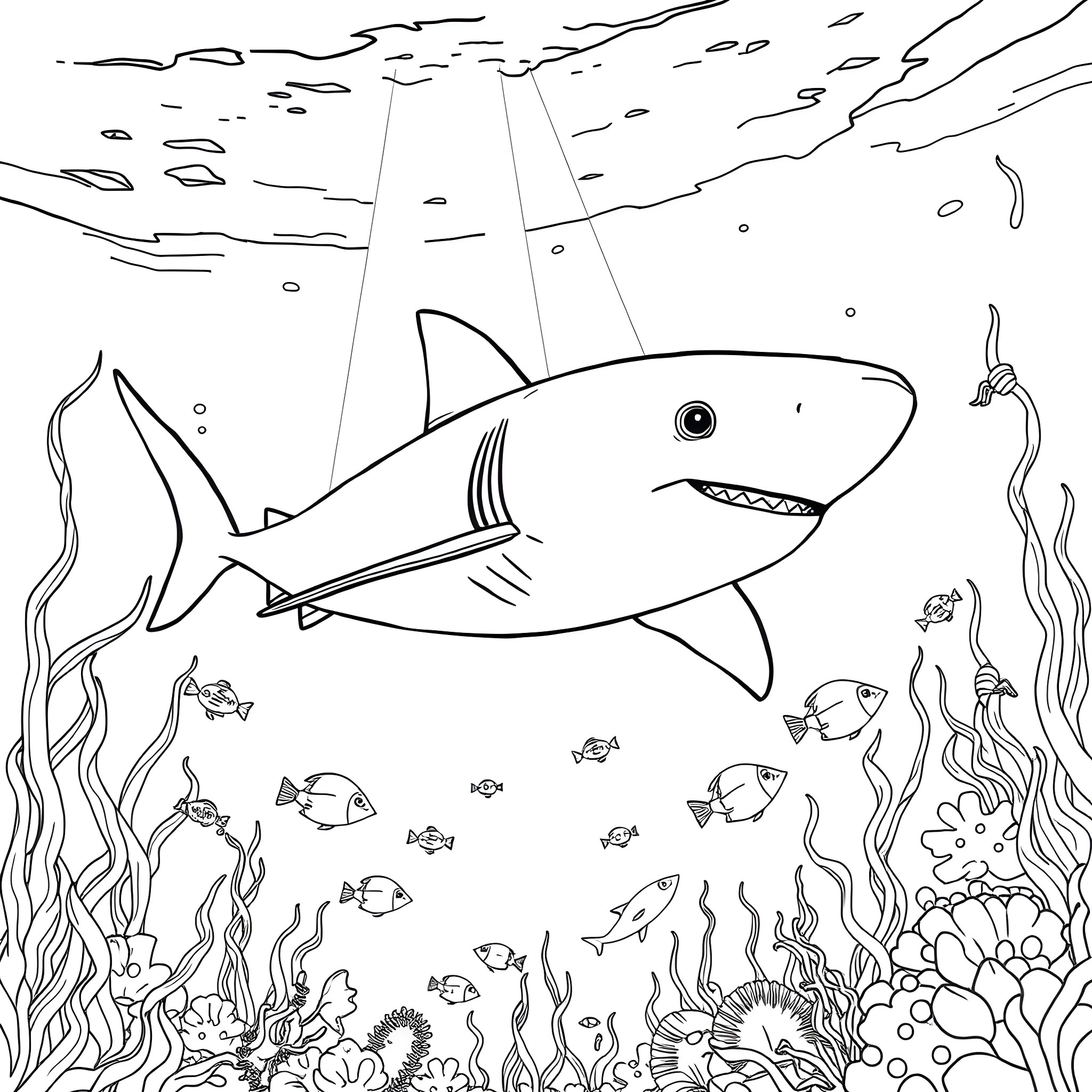 Shark swimming among colorful underwater sea creatures Coloring Page (free black-and-white line drawing printable PDF for all, from beginners to advanced learners, including children, teens, adults, and seniors)