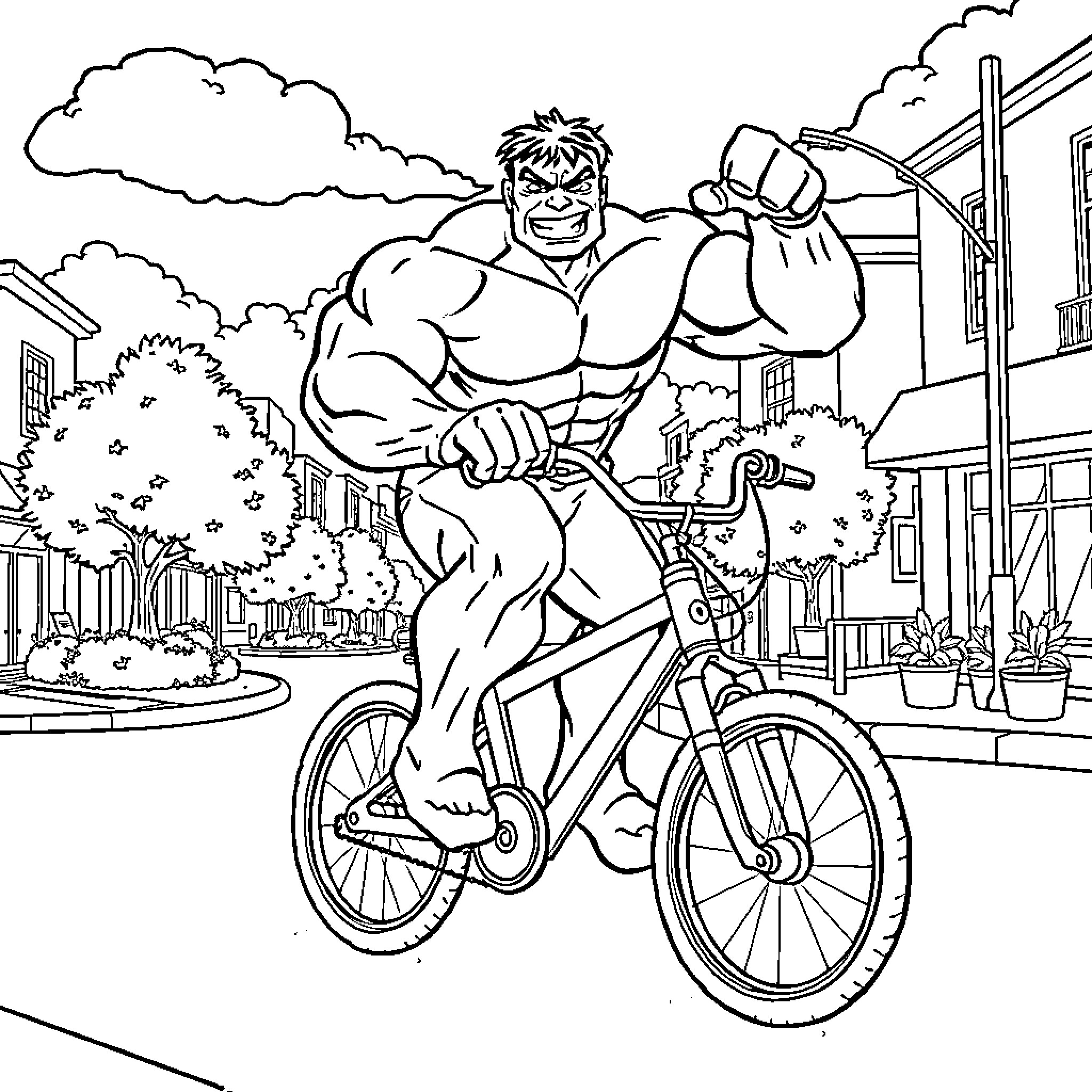 Hulk riding a bicycle through the city Coloring Page (free black-and-white line drawing printable PDF for all, from beginners to advanced learners, including children, teens, adults, and seniors)