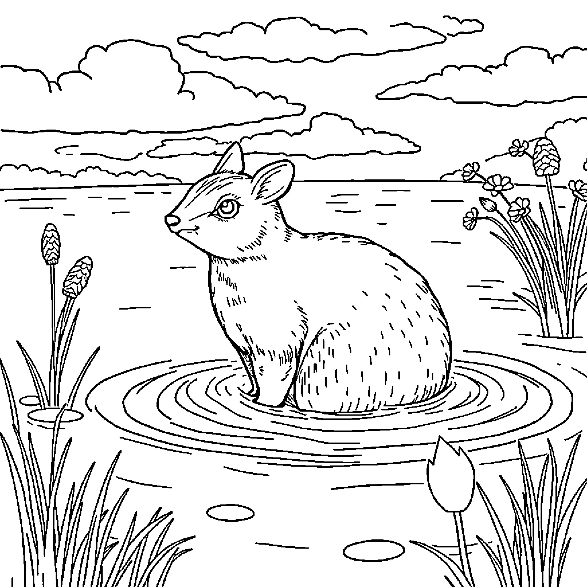 Mouse relaxing in a peaceful pond surrounded by nature Coloring Page (free black-and-white line drawing printable PDF for all, from beginners to advanced learners, including children, teens, adults, and seniors)