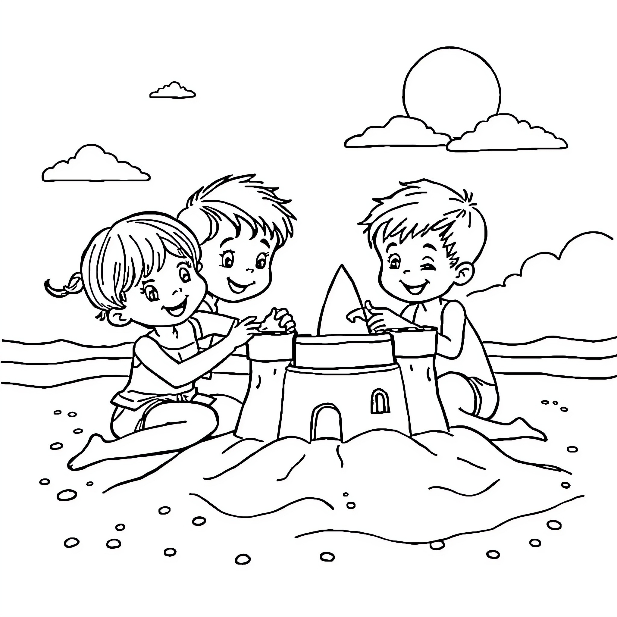 Kid building sandcastle with friend at the beach Coloring Page (free black-and-white line drawing printable PDF for all, from beginners to advanced learners, including children, teens, adults, and seniors)