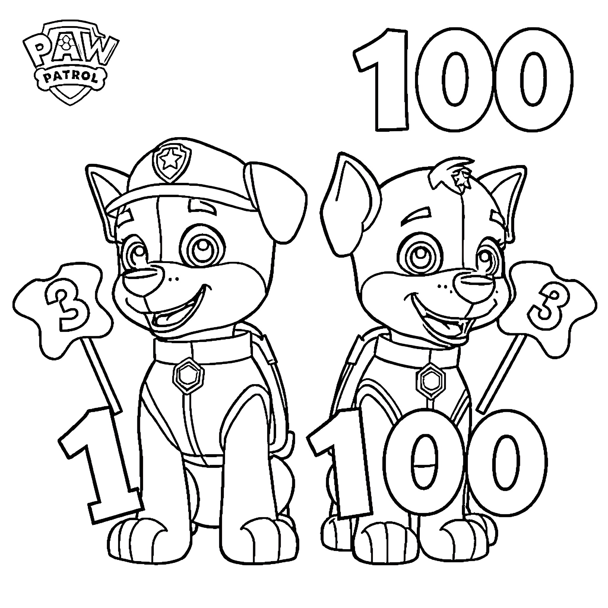 Paw Patrol characters celebrating 100 days Coloring Page (free black-and-white line drawing printable PDF for all, from beginners to advanced learners, including children, teens, adults, and seniors)