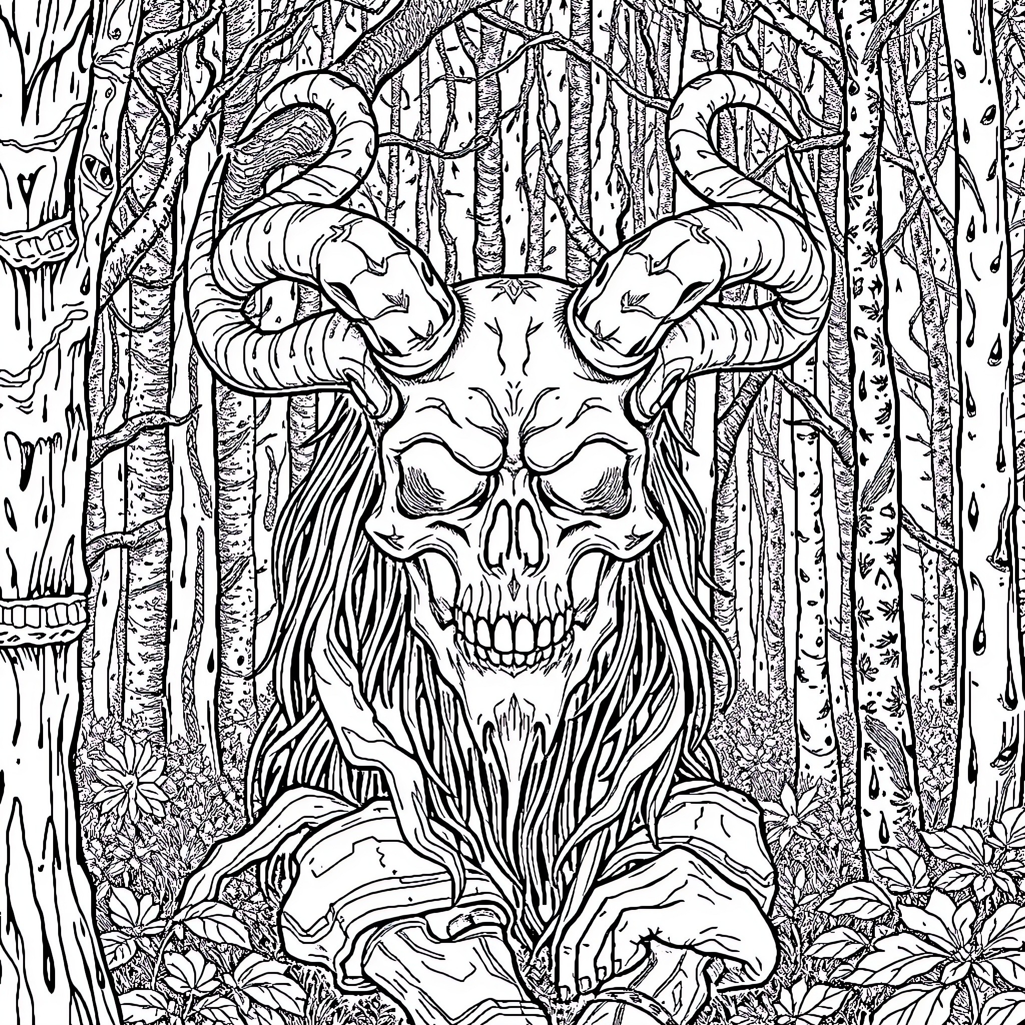 Cernunnos, the Horned God, presiding over the mystical forest Coloring Page (free black-and-white line drawing printable PDF for all, from beginners to advanced learners, including children, teens, adults, and seniors)