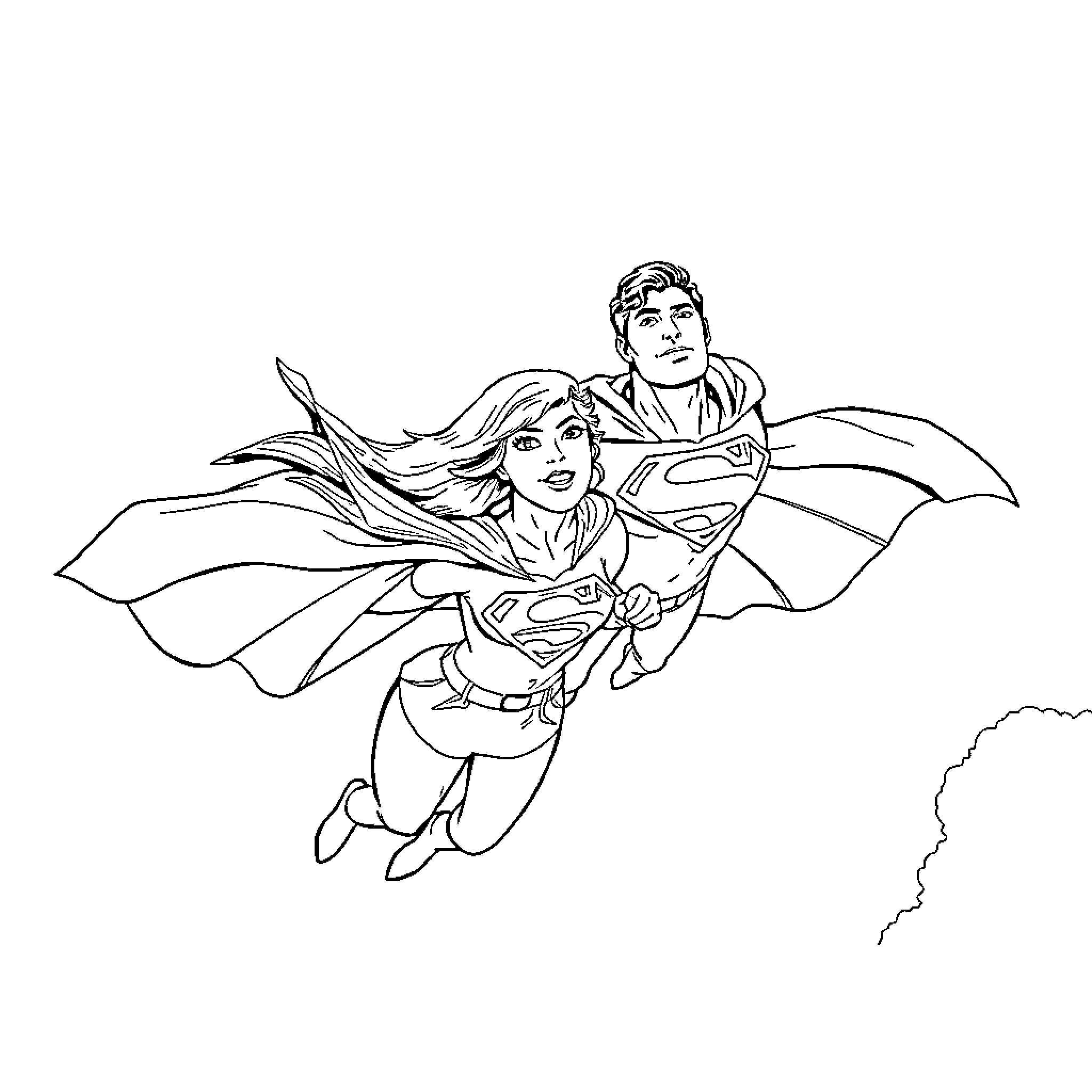 Supergirl and Superman heroic team-up in flight Coloring Page (free black-and-white line drawing printable PDF for all, from beginners to advanced learners, including children, teens, adults, and seniors)