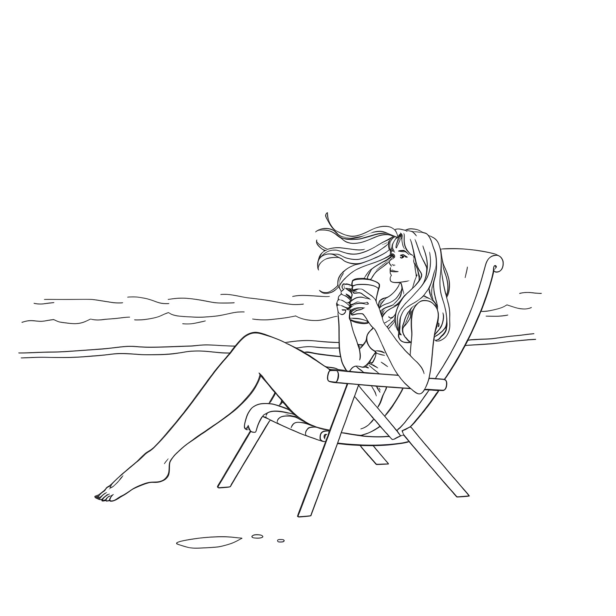 Woman relaxing on beach chair and enjoying ocean view Coloring Page (free black-and-white line drawing printable PDF for all, from beginners to advanced learners, including children, teens, adults, and seniors)