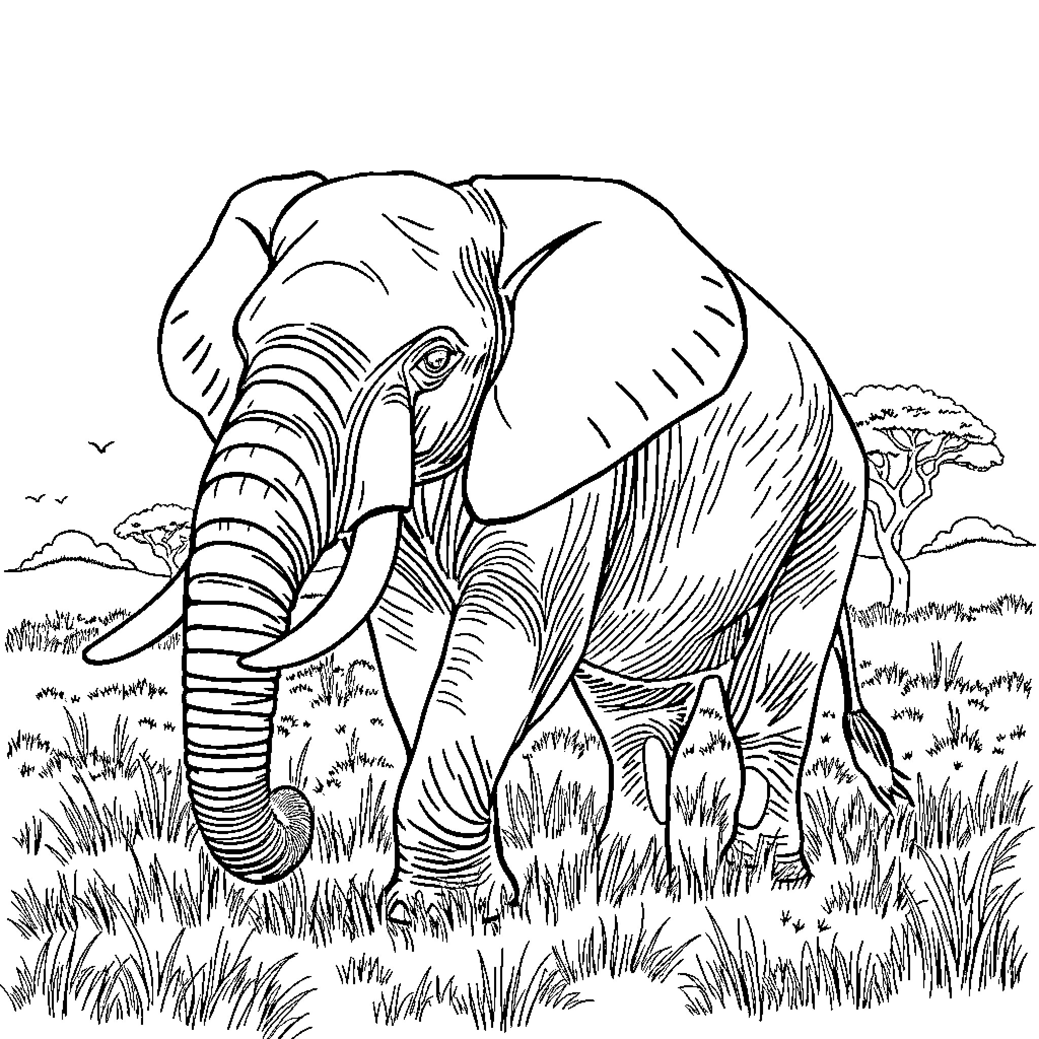 Elephant roaming peacefully in the savanna Coloring Page (free black-and-white line drawing printable PDF for all, from beginners to advanced learners, including children, teens, adults, and seniors)