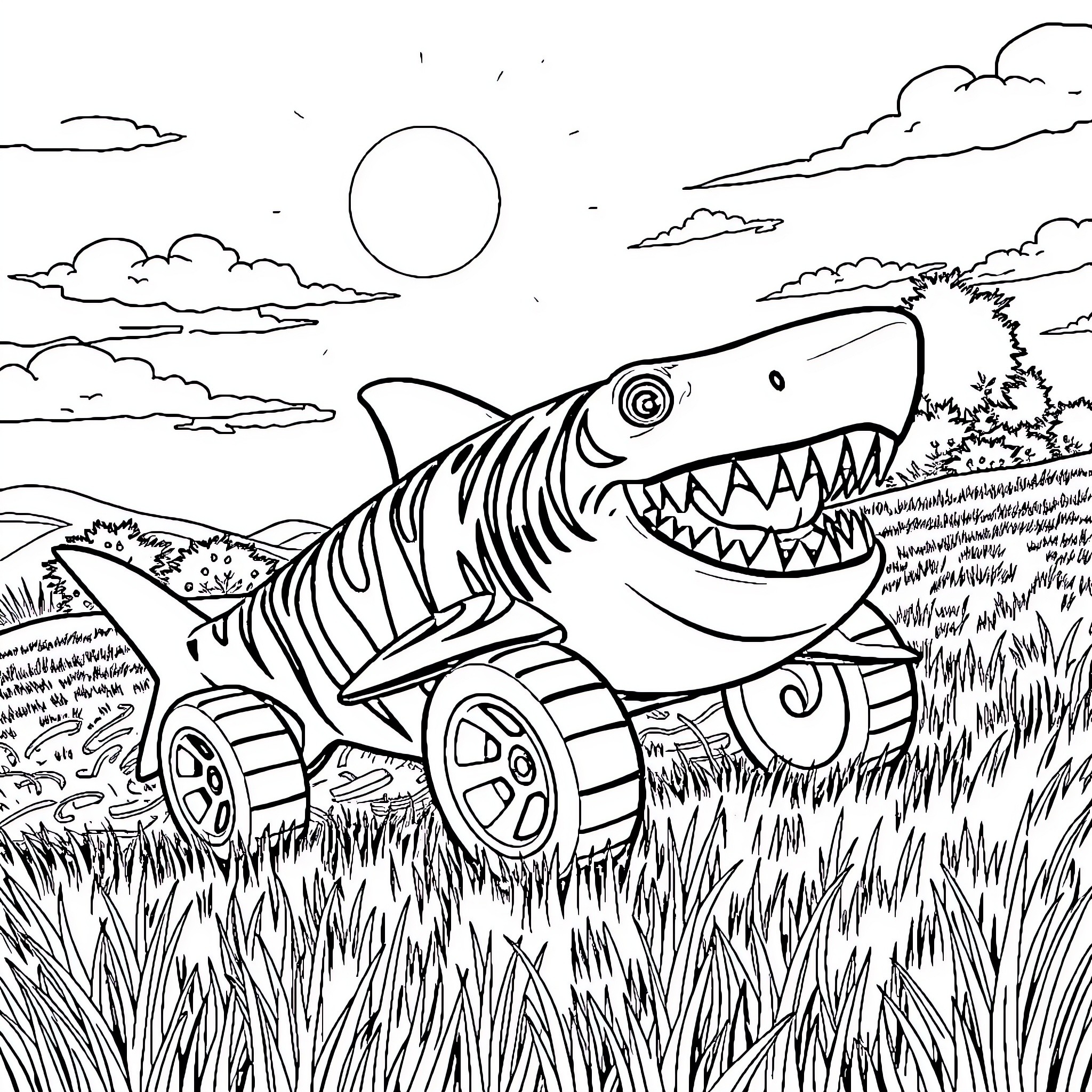 Tiger Shark Cruising Through Grassy Terrain on Wheels Coloring Page (free black-and-white line drawing printable PDF for all, from beginners to advanced learners, including children, teens, adults, and seniors)