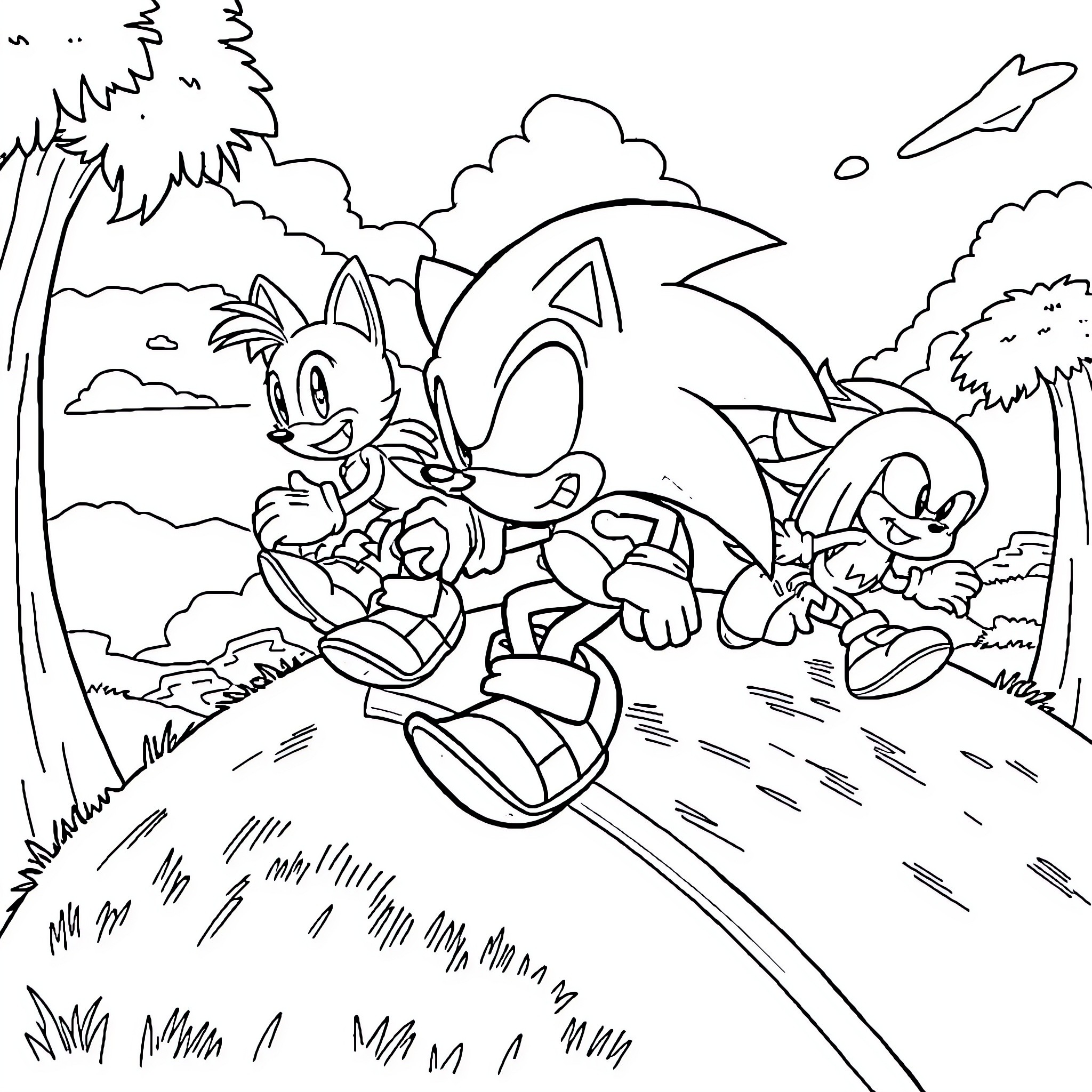 Sonic Characters Chasing Adventure in Nature Coloring Page (free black-and-white line drawing printable PDF for all, from beginners to advanced learners, including children, teens, adults, and seniors)