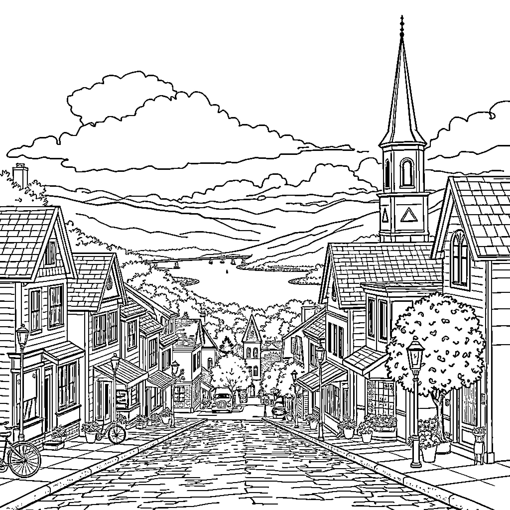 Ossining townscape with historic buildings and landmarks Coloring Page (free black-and-white line drawing printable PDF for all, from beginners to advanced learners, including children, teens, adults, and seniors)