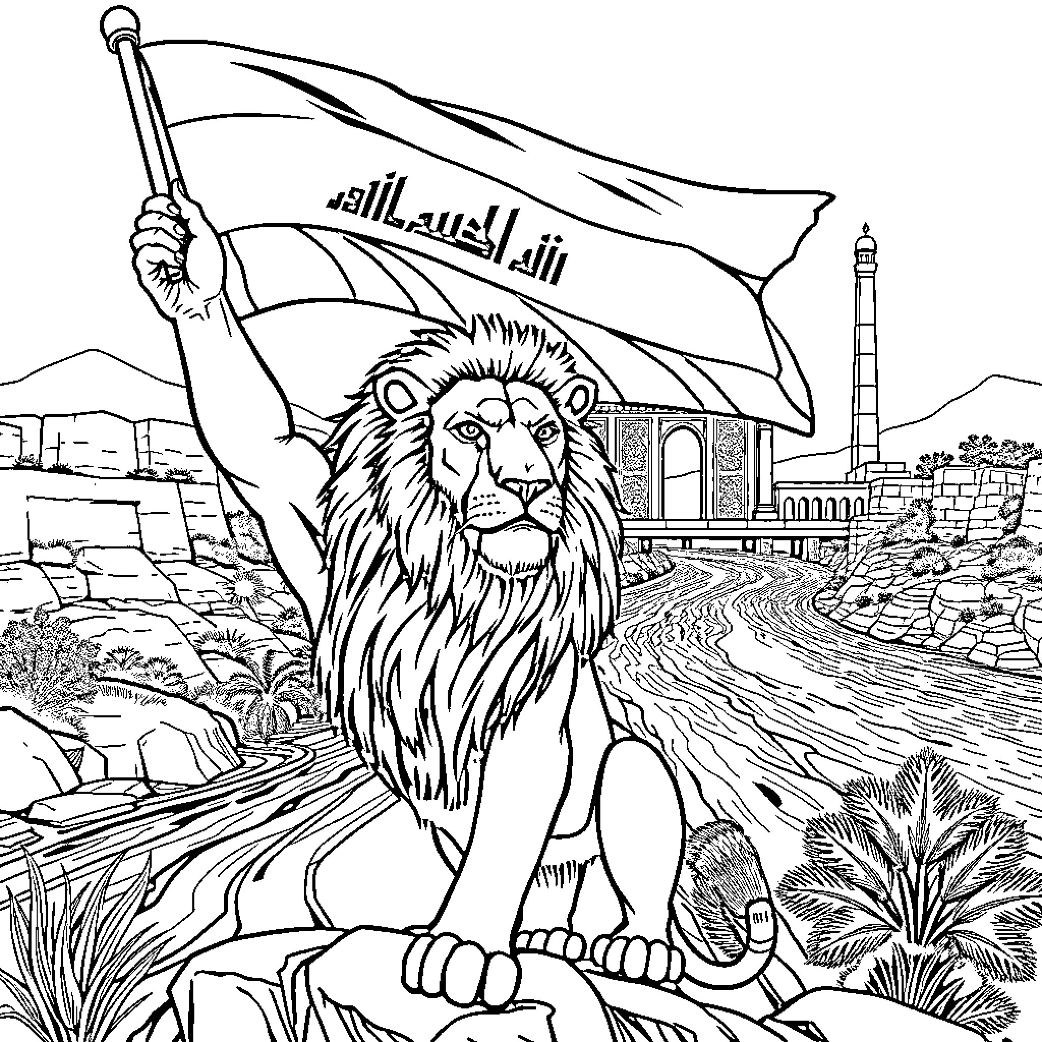 Lion proudly standing with Islamic flag in desert landscape Coloring Page (free black-and-white line drawing printable PDF for all, from beginners to advanced learners, including children, teens, adults, and seniors)