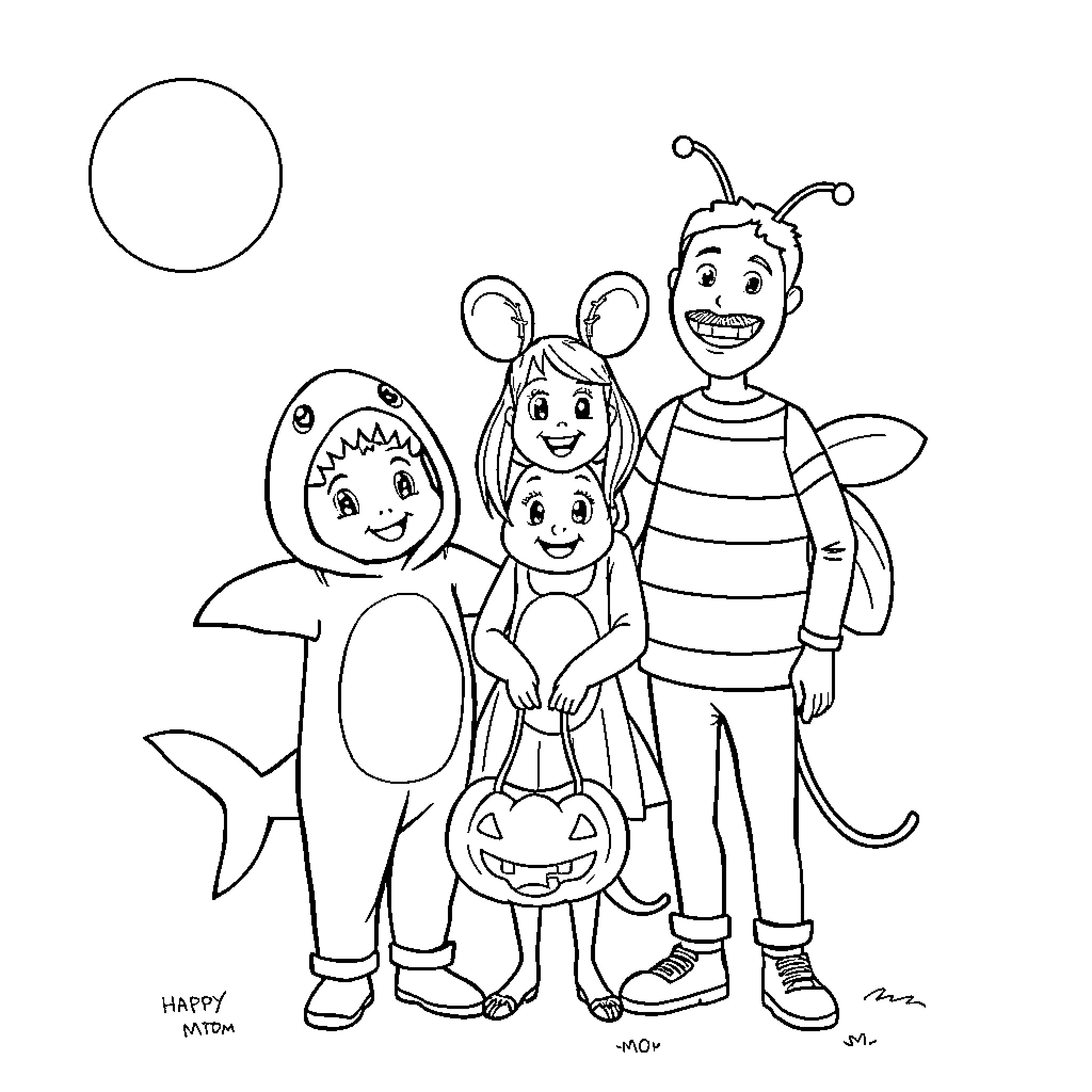 Costume Party with Cheerful Children Coloring Page (free black-and-white line drawing printable PDF for all, from beginners to advanced learners, including children, teens, adults, and seniors)