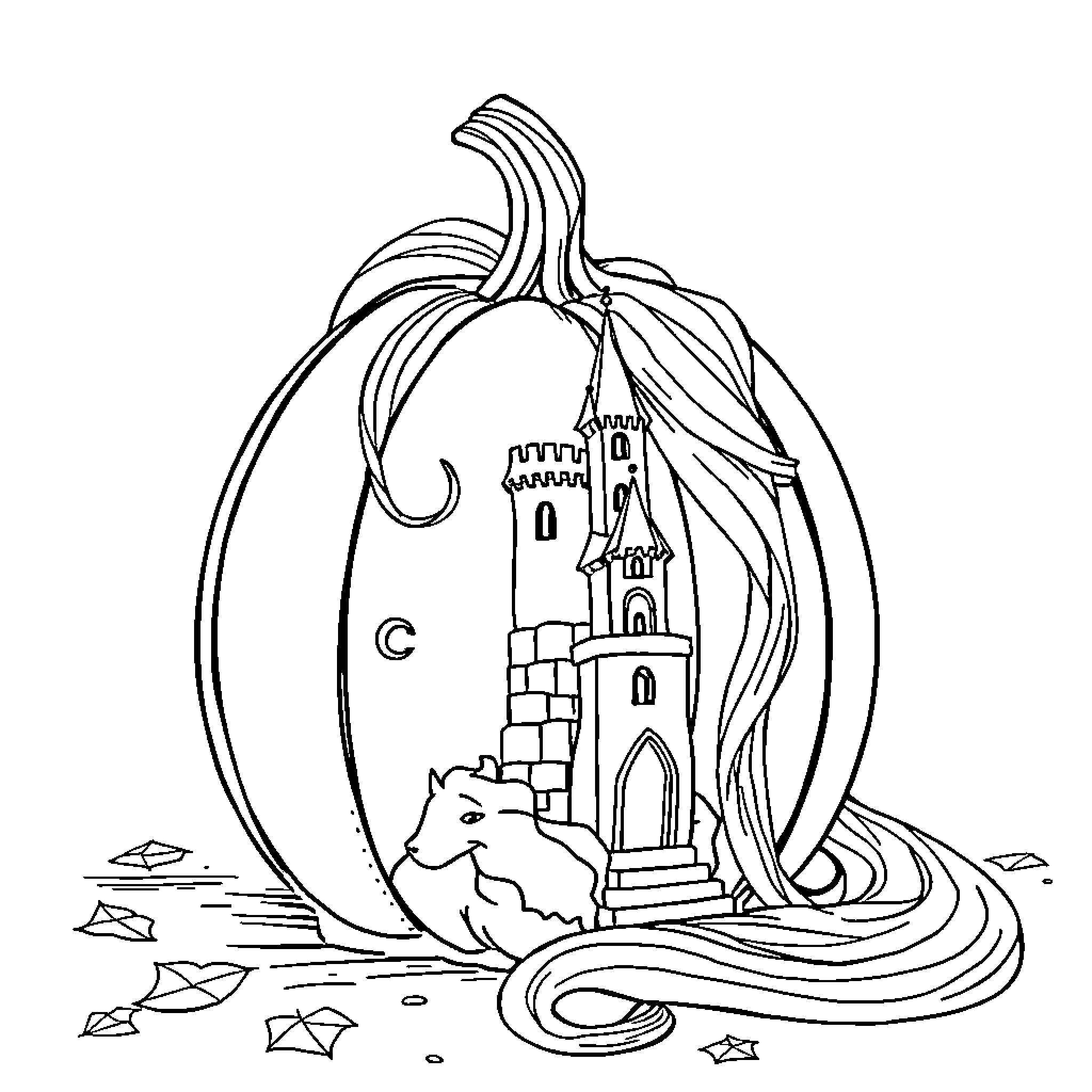 Pumpkin castle and dragon in the night Coloring Page (free black-and-white line drawing printable PDF for all, from beginners to advanced learners, including children, teens, adults, and seniors)